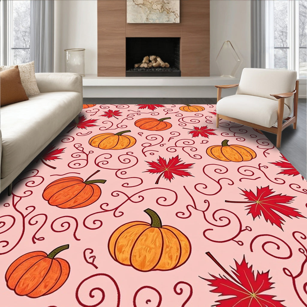 Orange Pumpkins Red Maple Swirls Rug