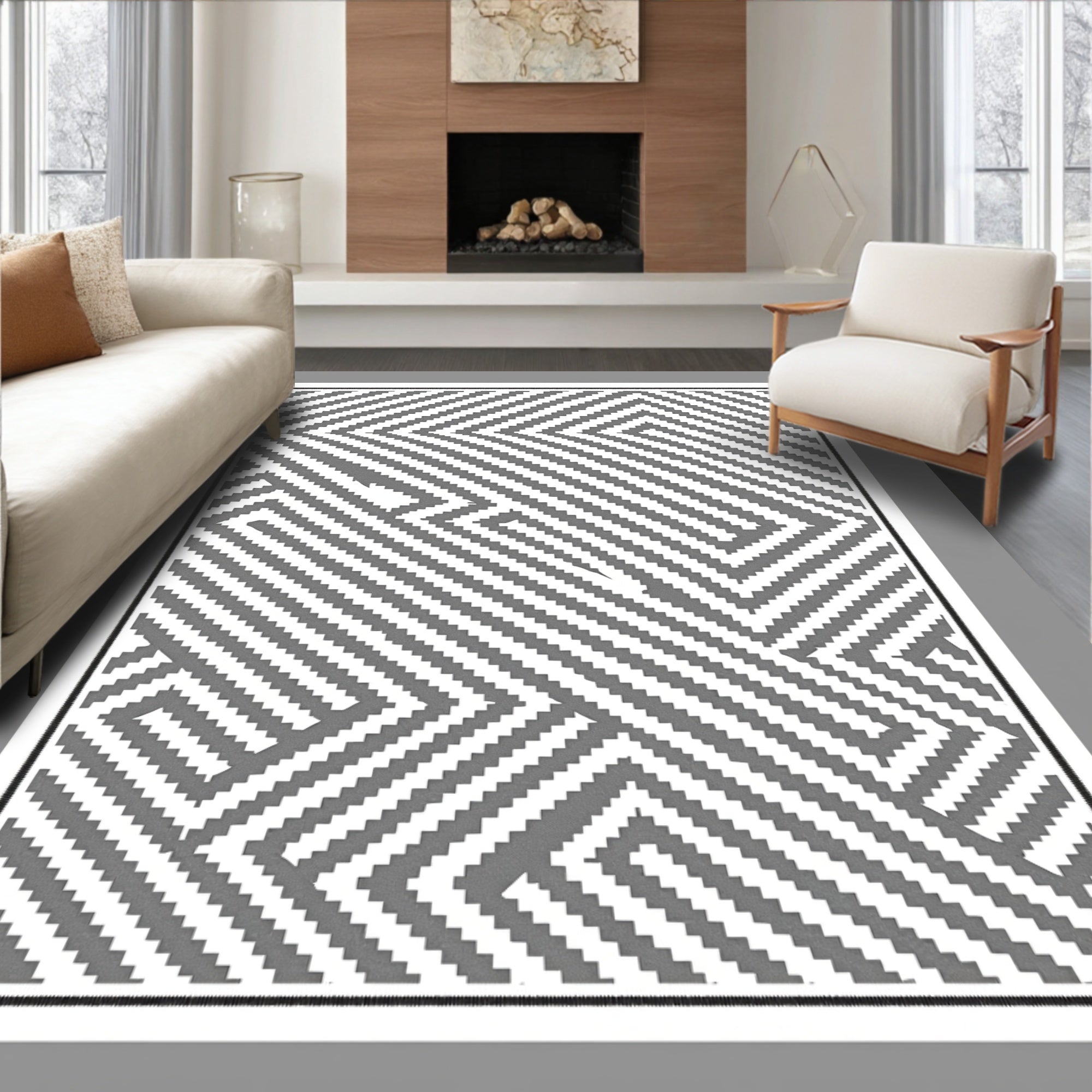 Monochrome Geometric Maze Rug