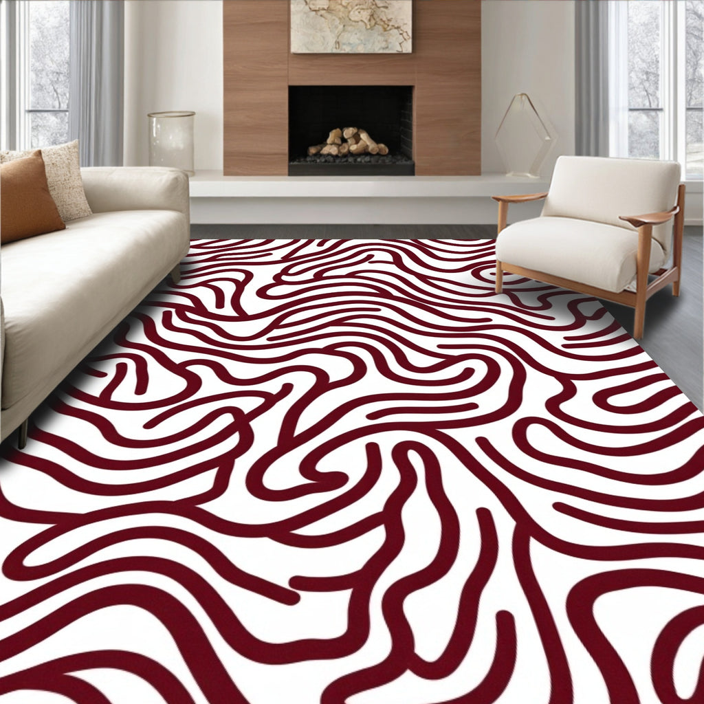 Dark Red Wavy Maze Lines Rug
