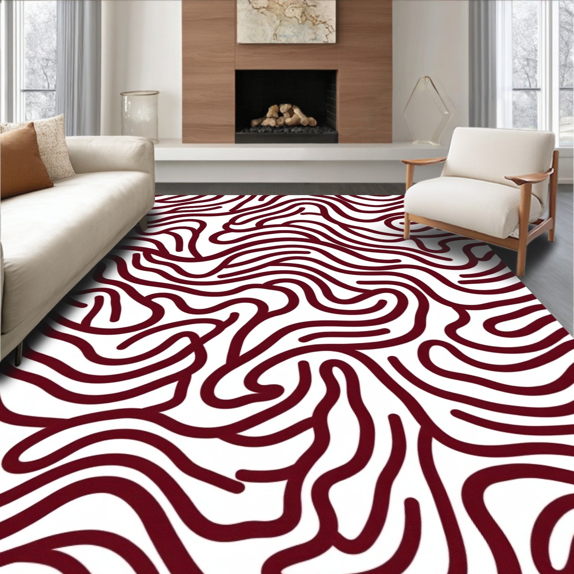 Dark Red Wavy Maze Lines Rug