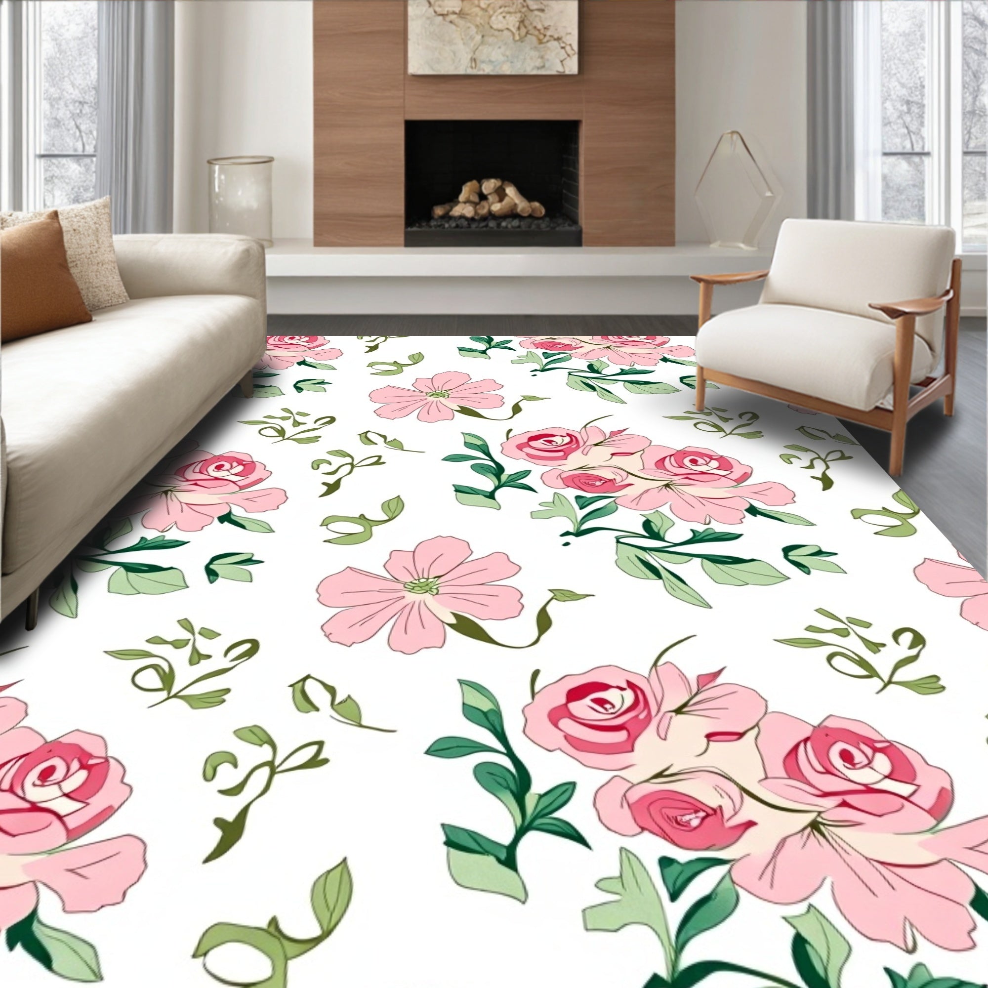 Pink Rose Bouquet Botanical Repeat Rug