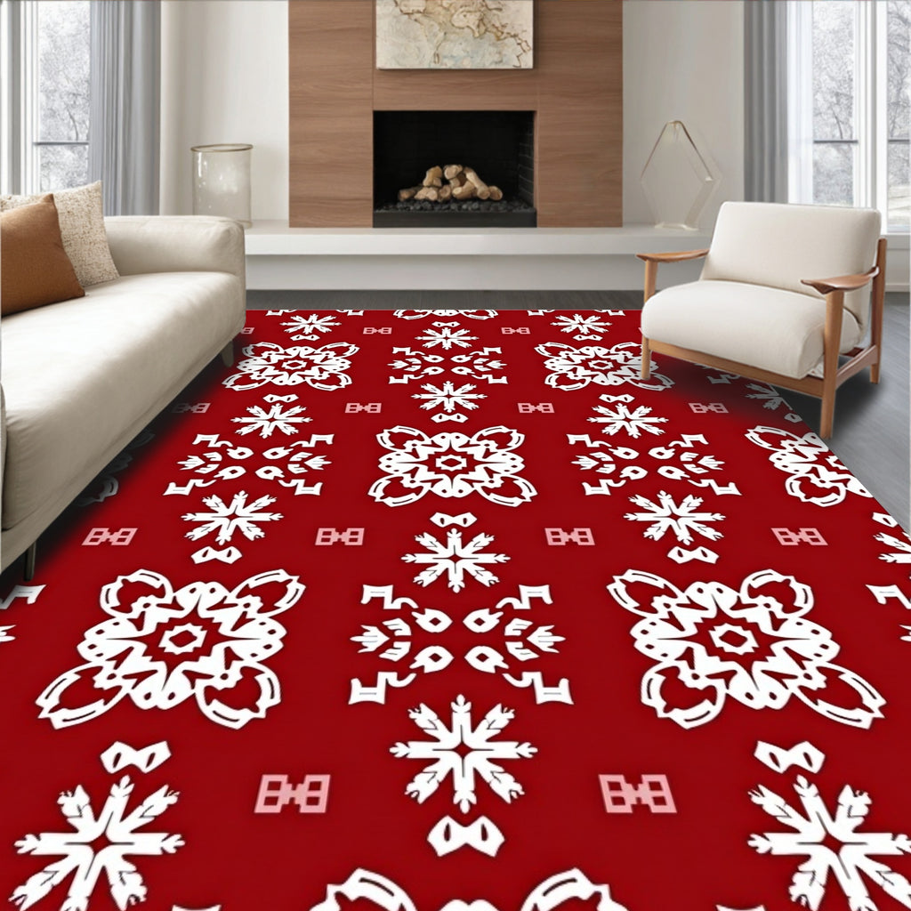 White Snowflake Medallion Crimson Symmetry Rug