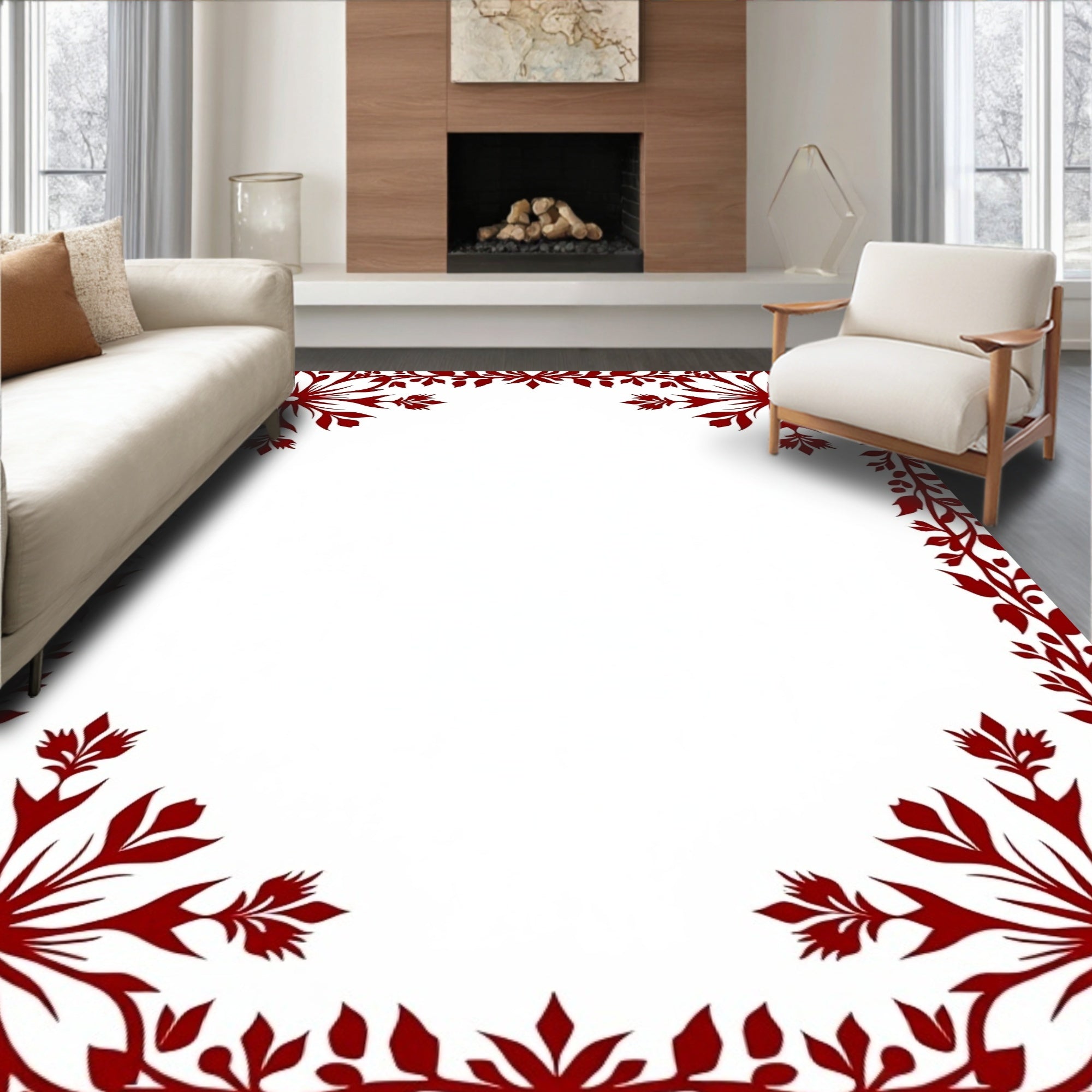 Crimson Floral Snowflake Border Rug