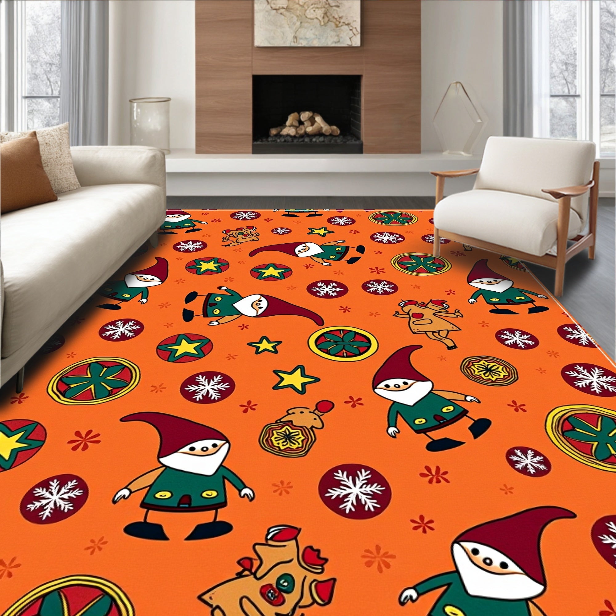 Whimsical Gnome Christmas Orange Medallion Rug
