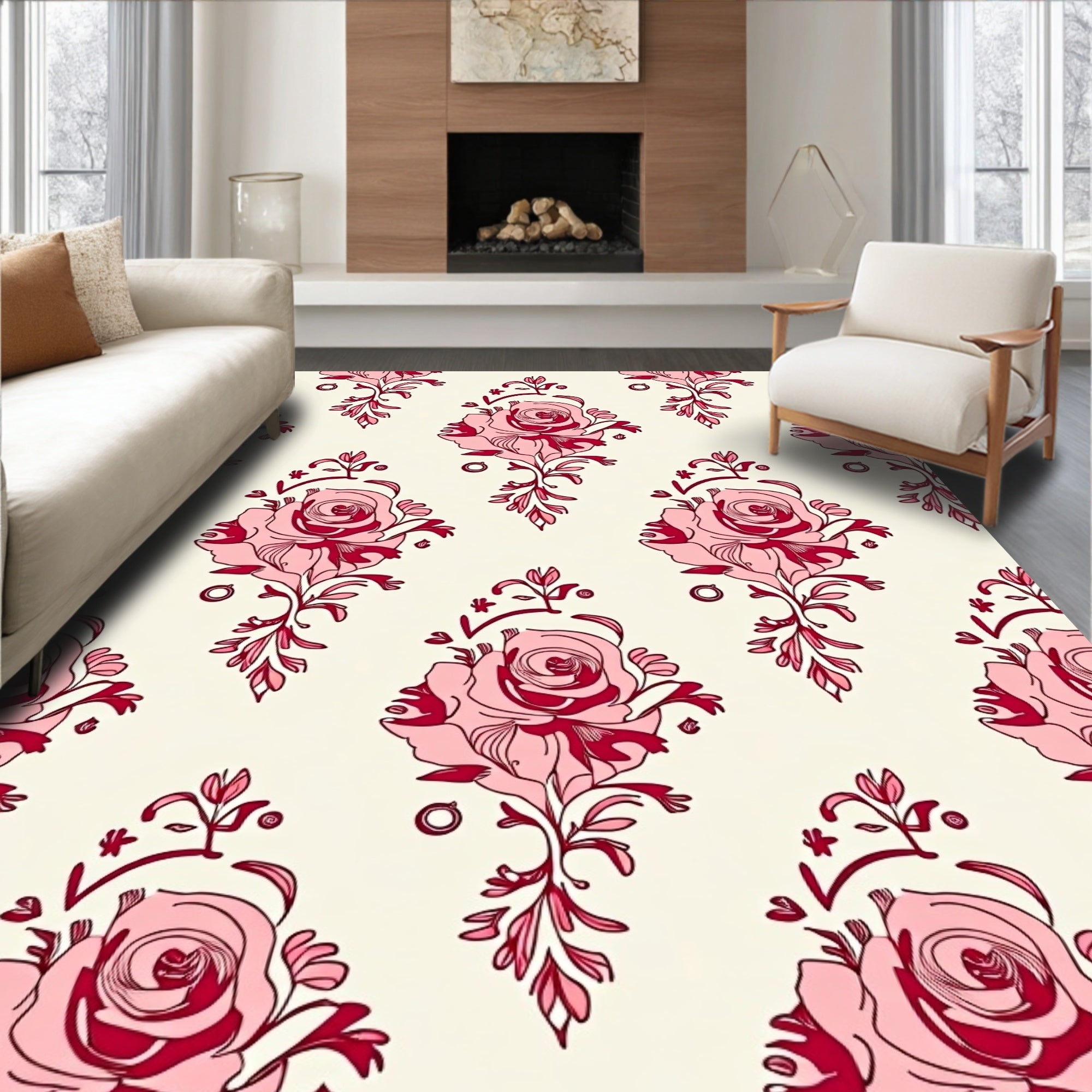 Classic Pink Rose Damask Collection Rug