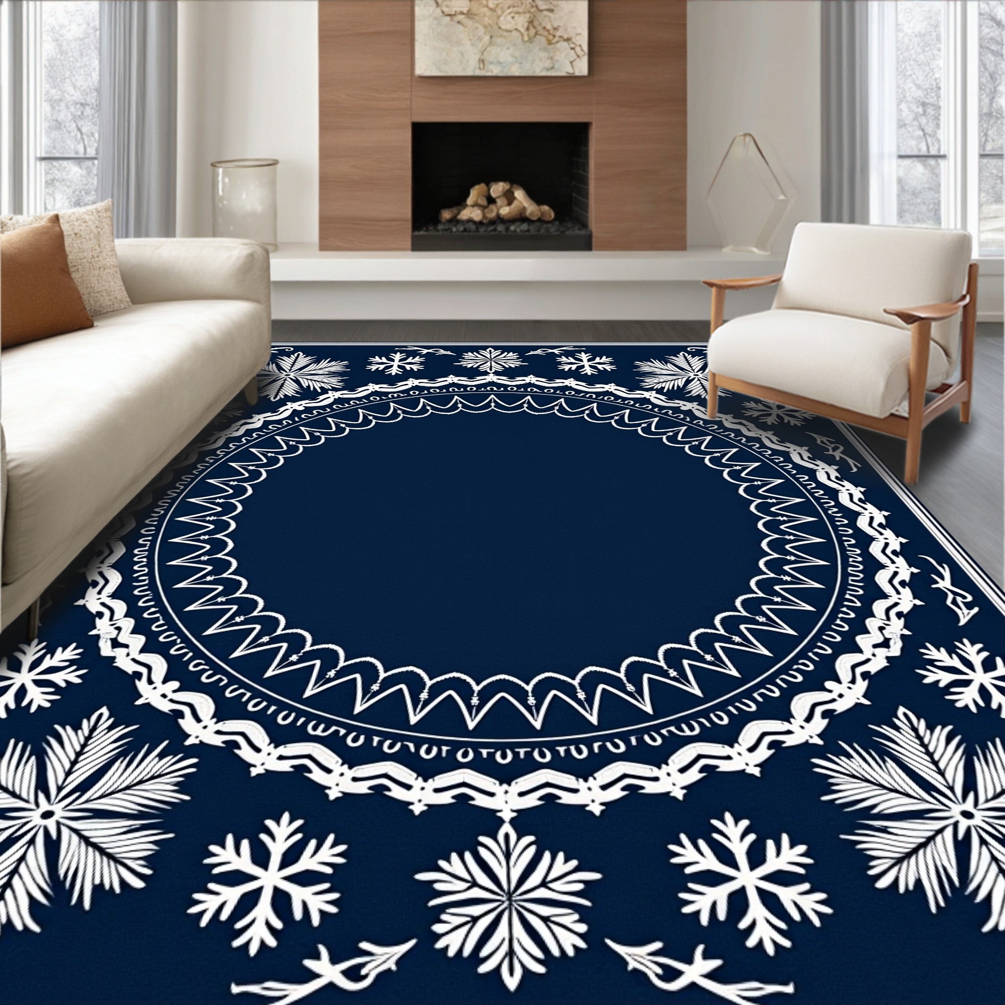 Winter Snowflake Medallion Navy Rug