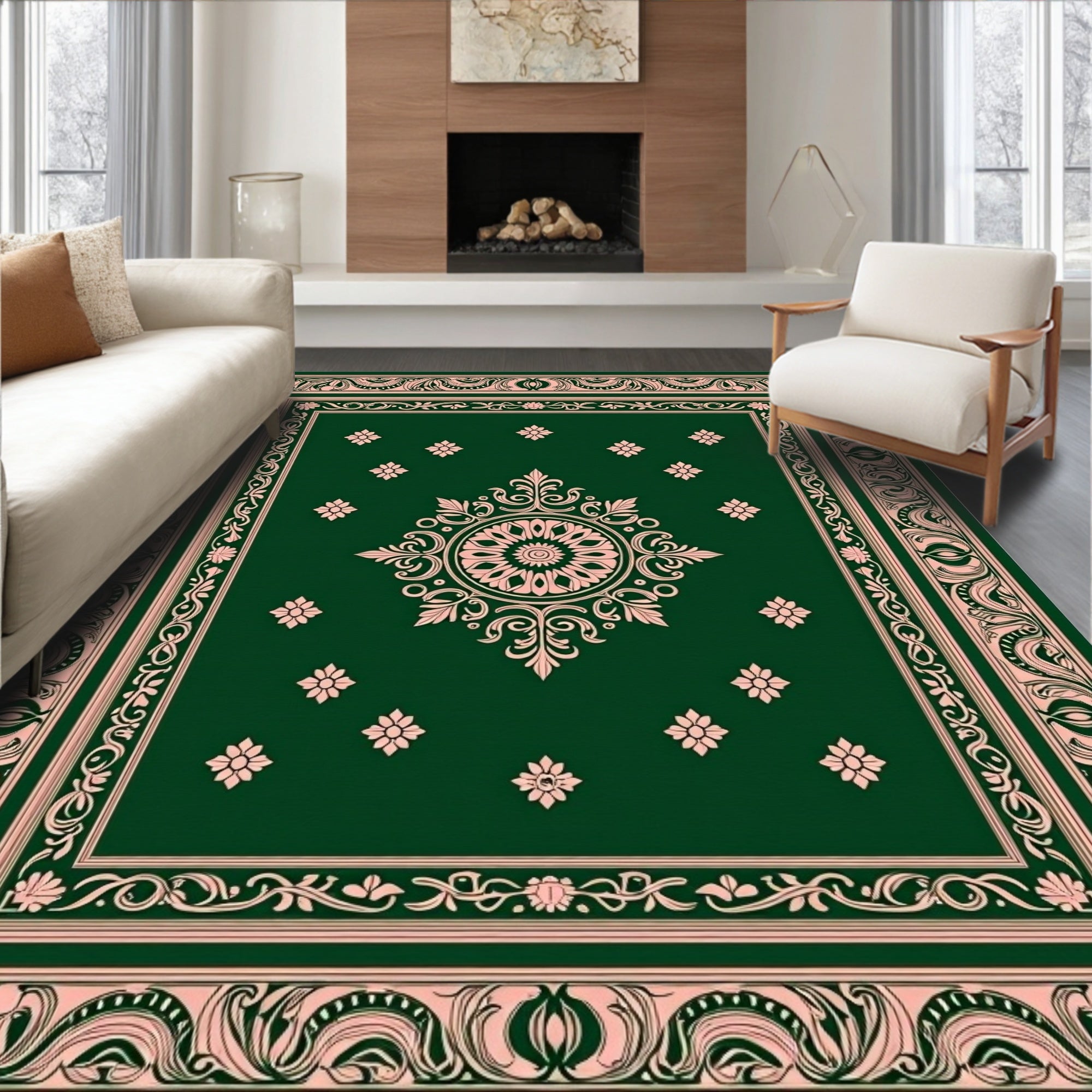Emerald Pink Floral Medallion Border Rug