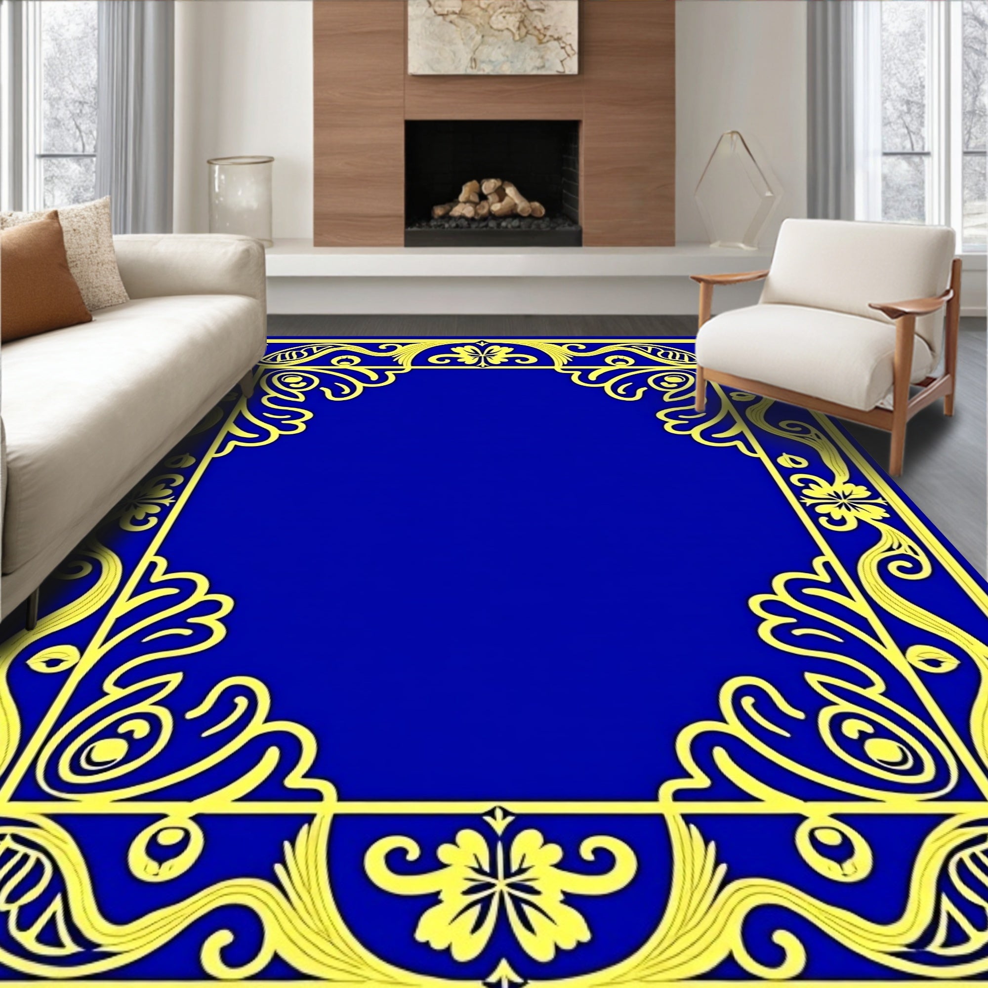 Royal Blue Yellow Art Nouveau Border Rug