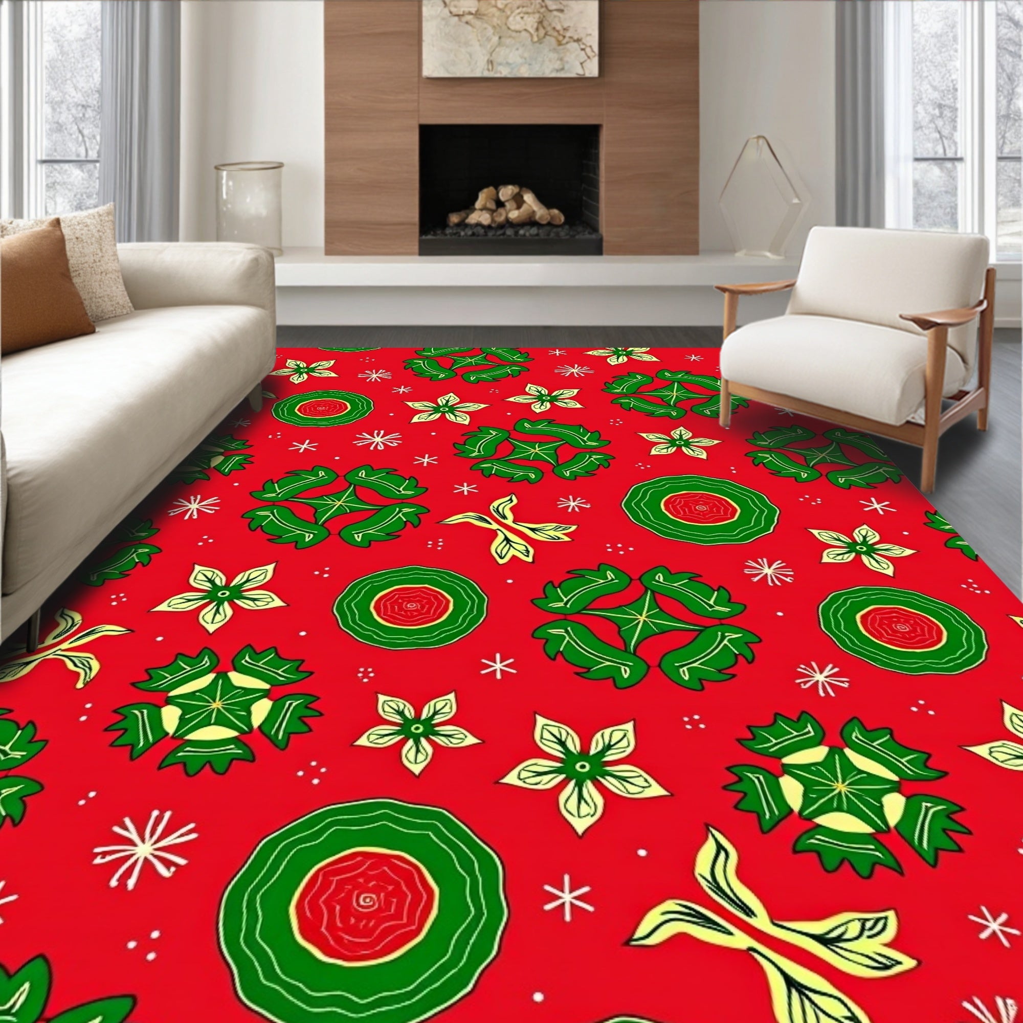 Red Green Floral Geometric Medallion Rug