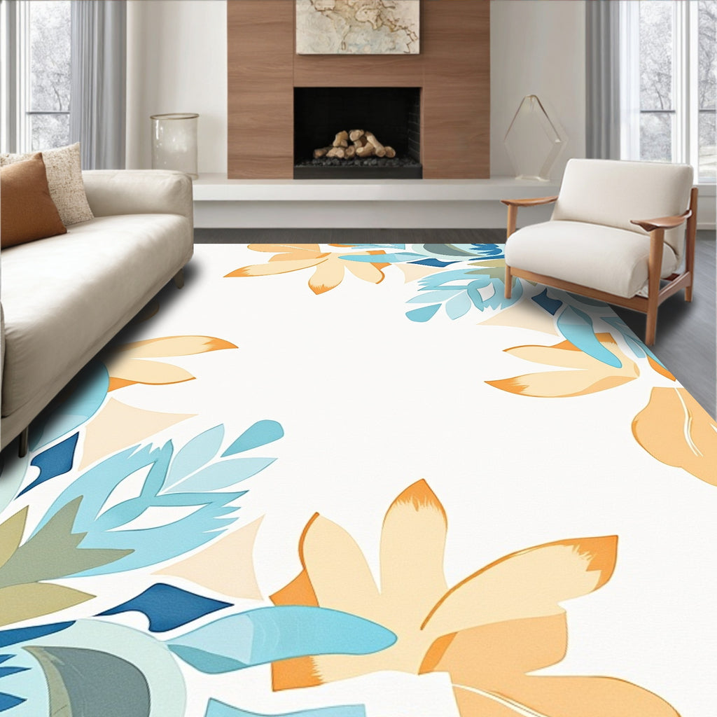 Sunny Peach Teal Floral Arrangement Rug