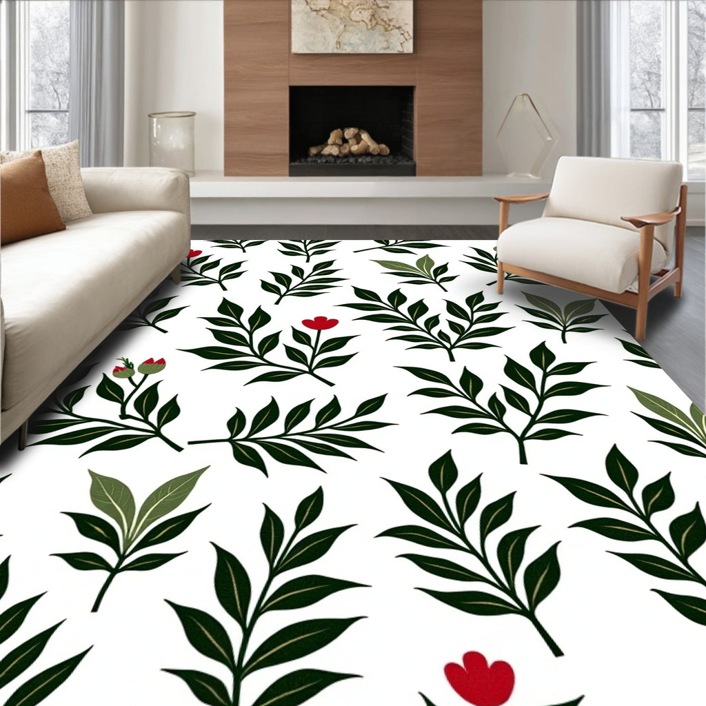 Dark Green Leaf with Red Flower Whimsical Rug
