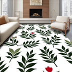 Dark Green Leaf with Red Flower Whimsical Rug