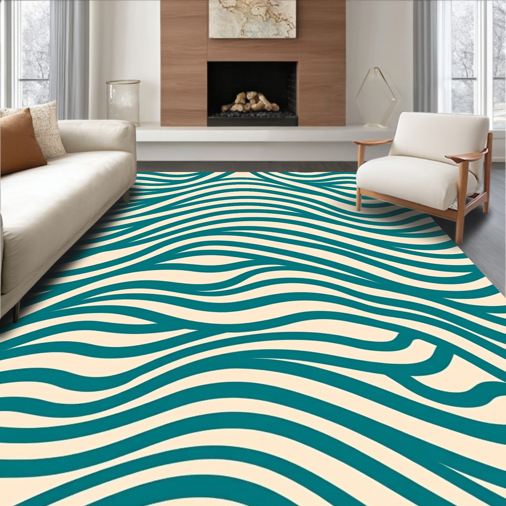 Teal and Cream Organic Flow Rug