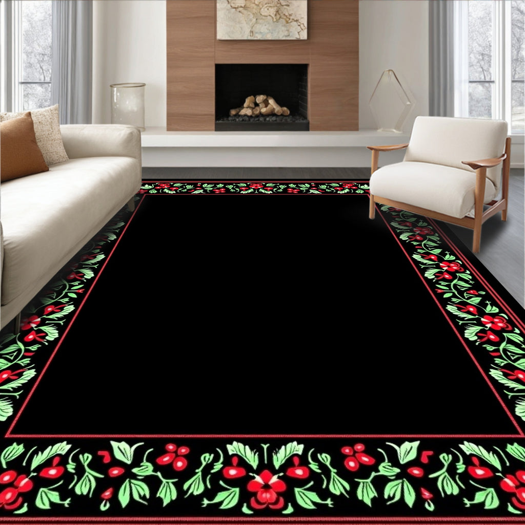 Vibrant Red Floral Vine Border Rug