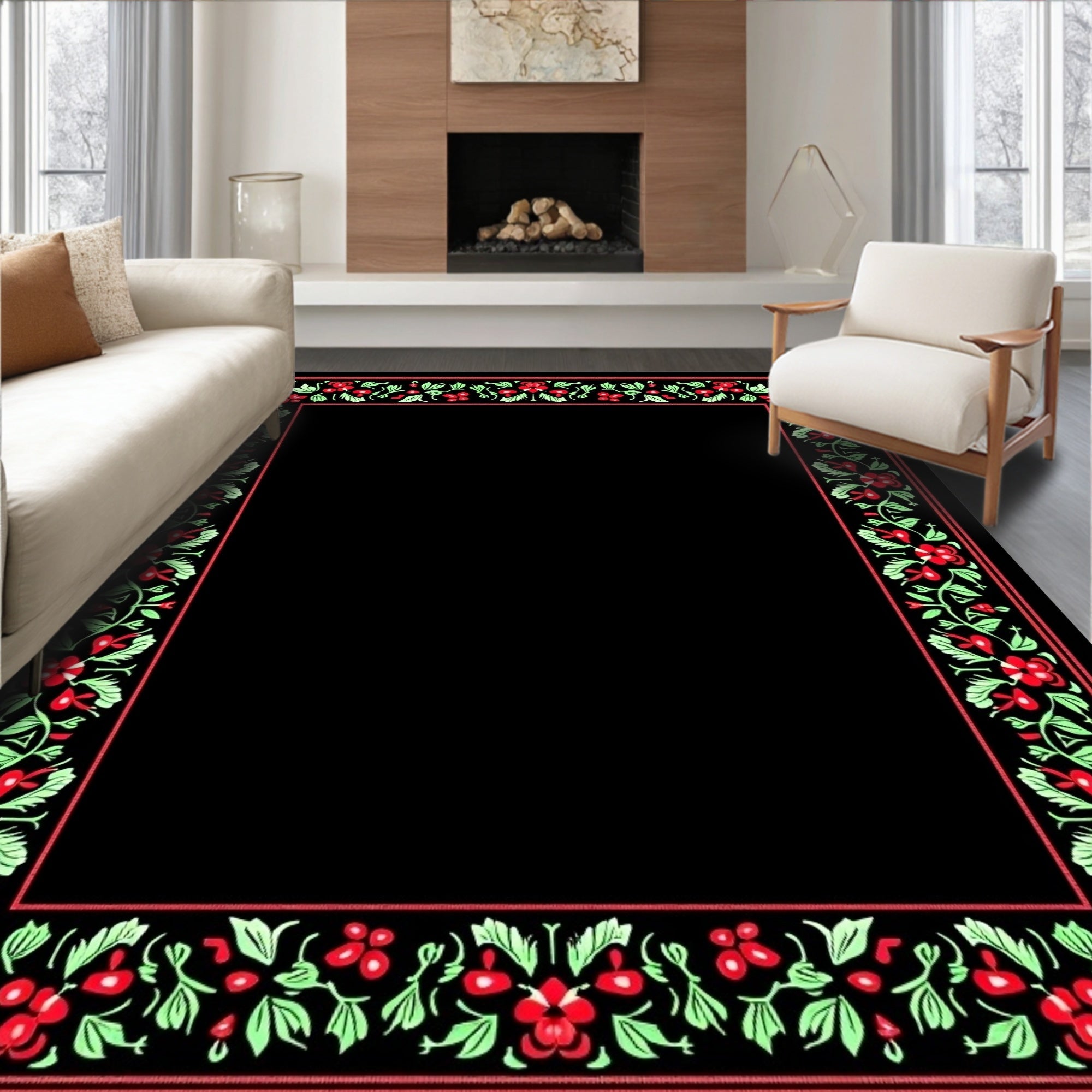 Vibrant Red Floral Vine Border Rug