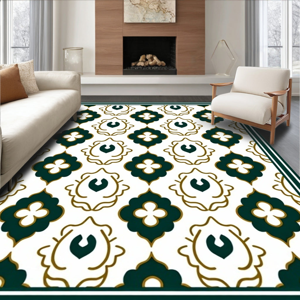 Emerald Quatrefoil White Damask Rug