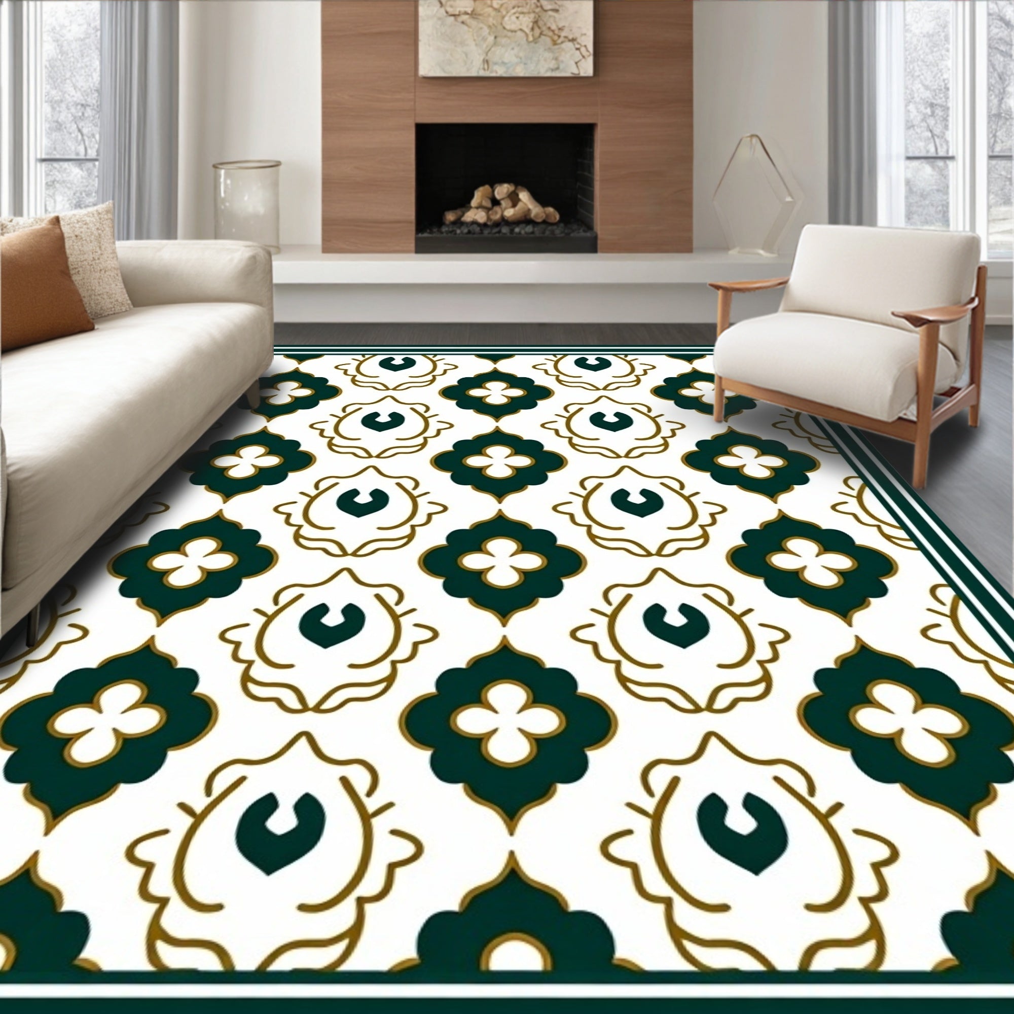Emerald Quatrefoil White Damask Rug