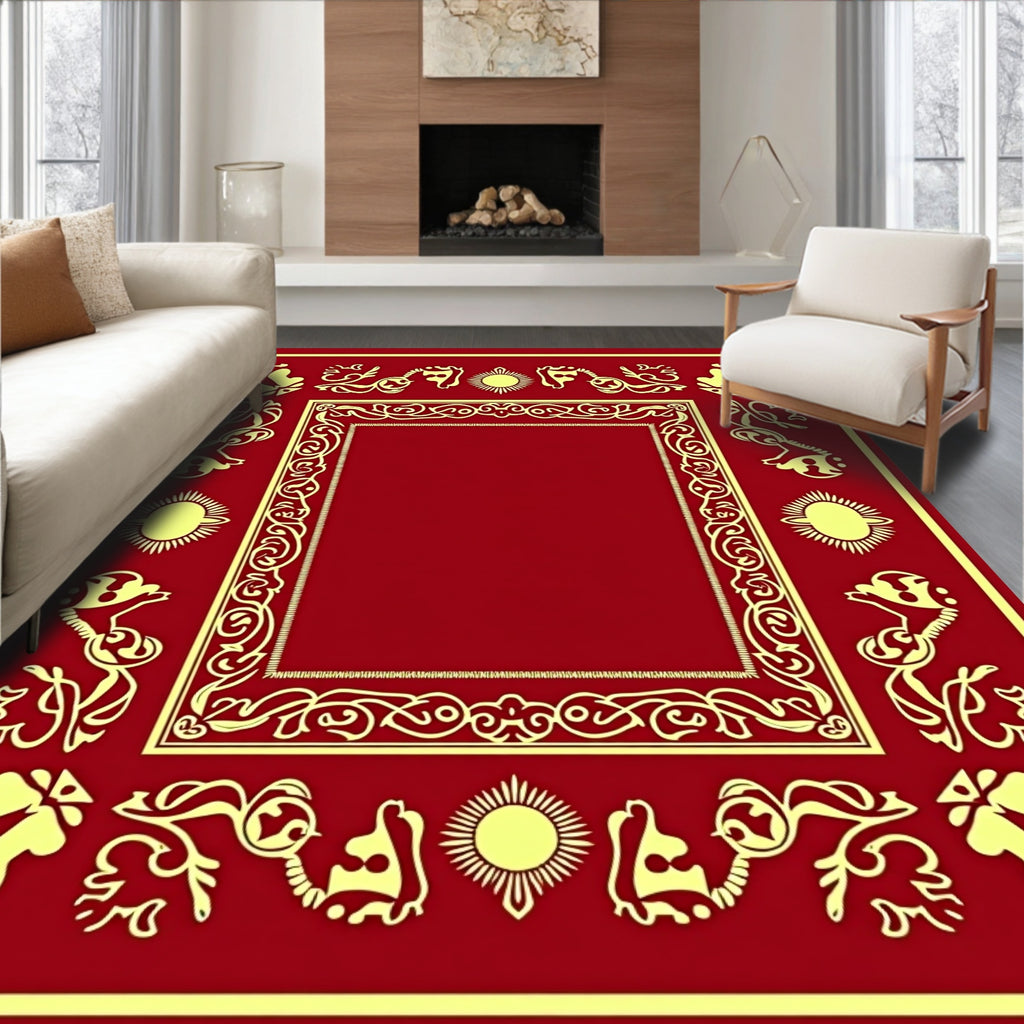 Crimson Amber Sun Floral Border Rug
