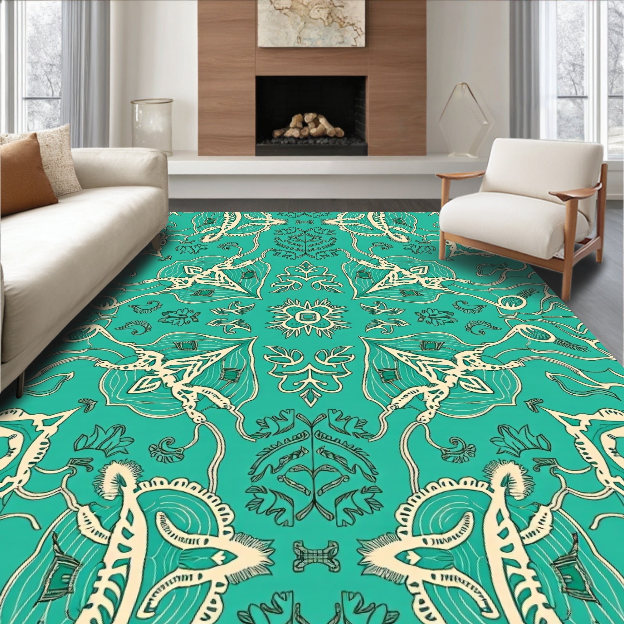 Detailed Teal Floral Medallion Rug