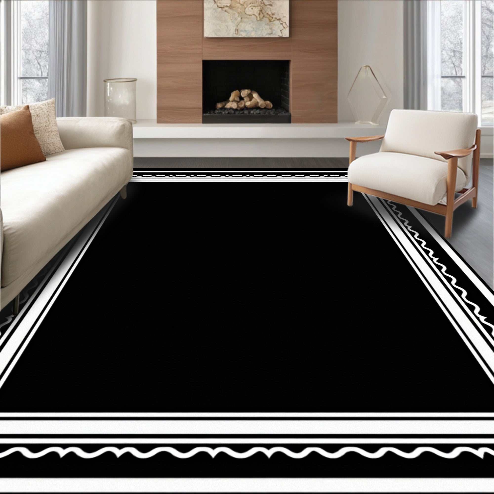 Black White Geometric Wavy Border Rug