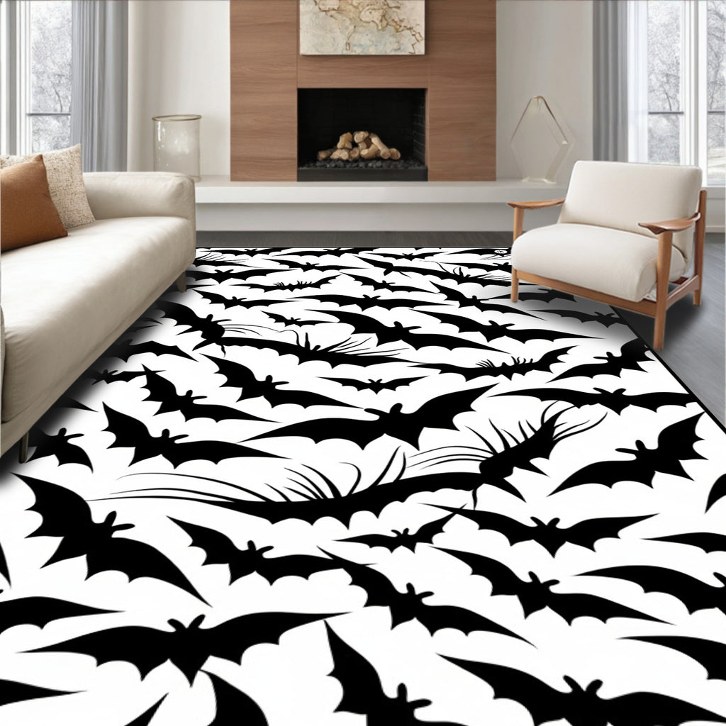 Black Silhouette Bats Night Sky Rug