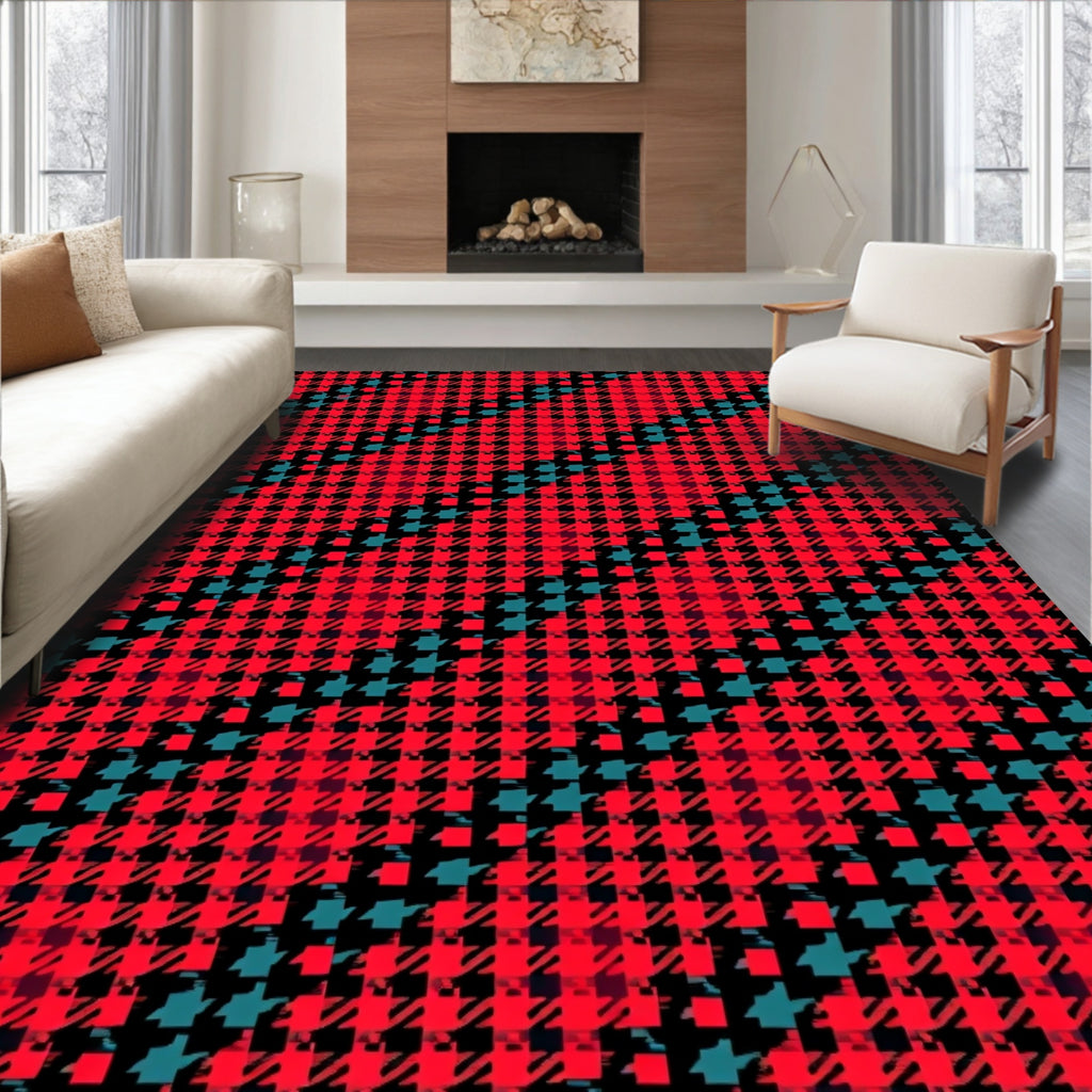 Black Red Teal Houndstooth Checkered Rug