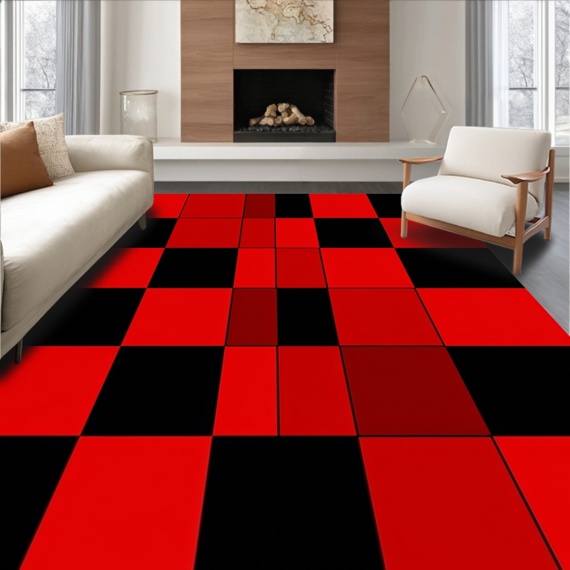 Bold Red Black Checkerboard Blocks Rug