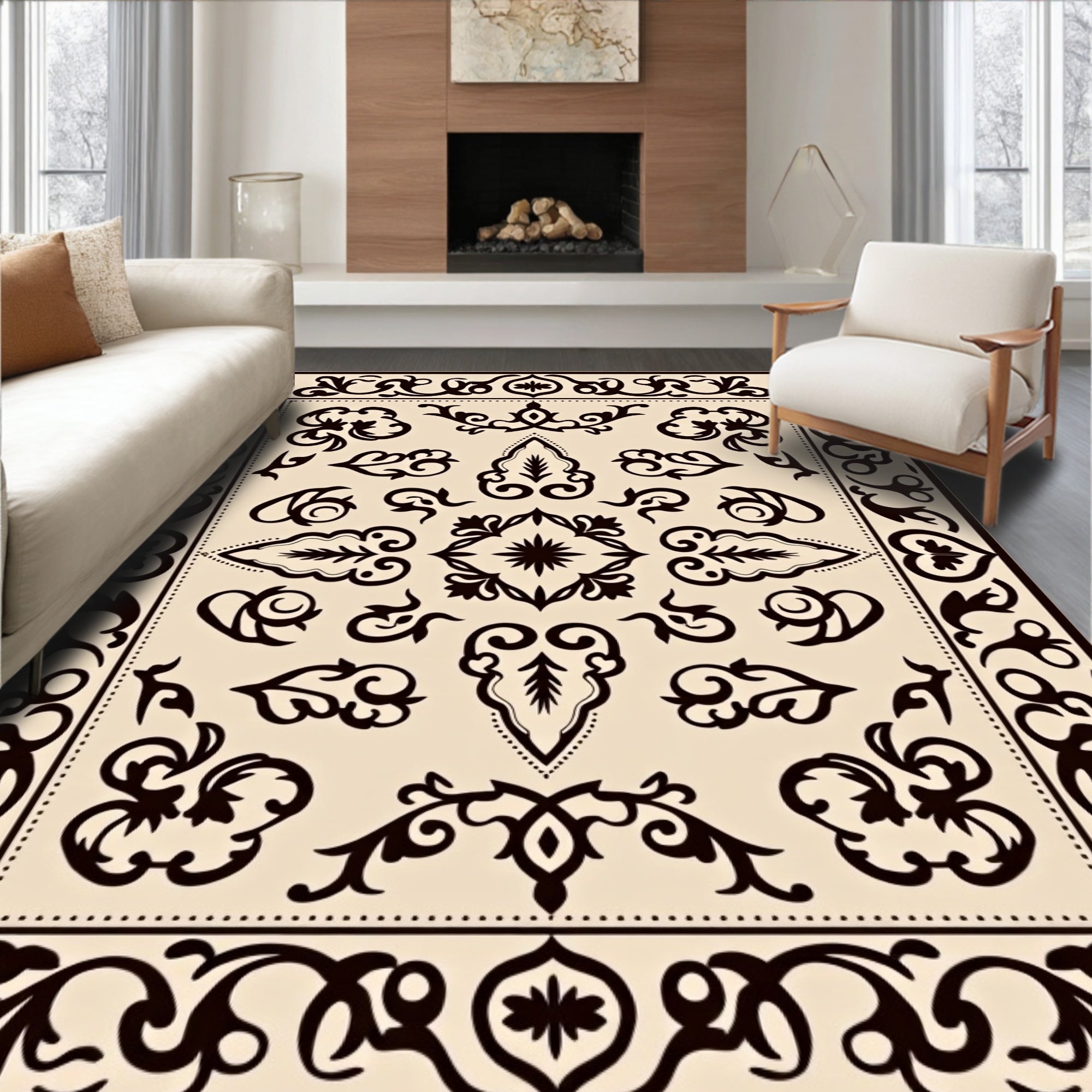 Classic Dark Beige Floral Border Rug