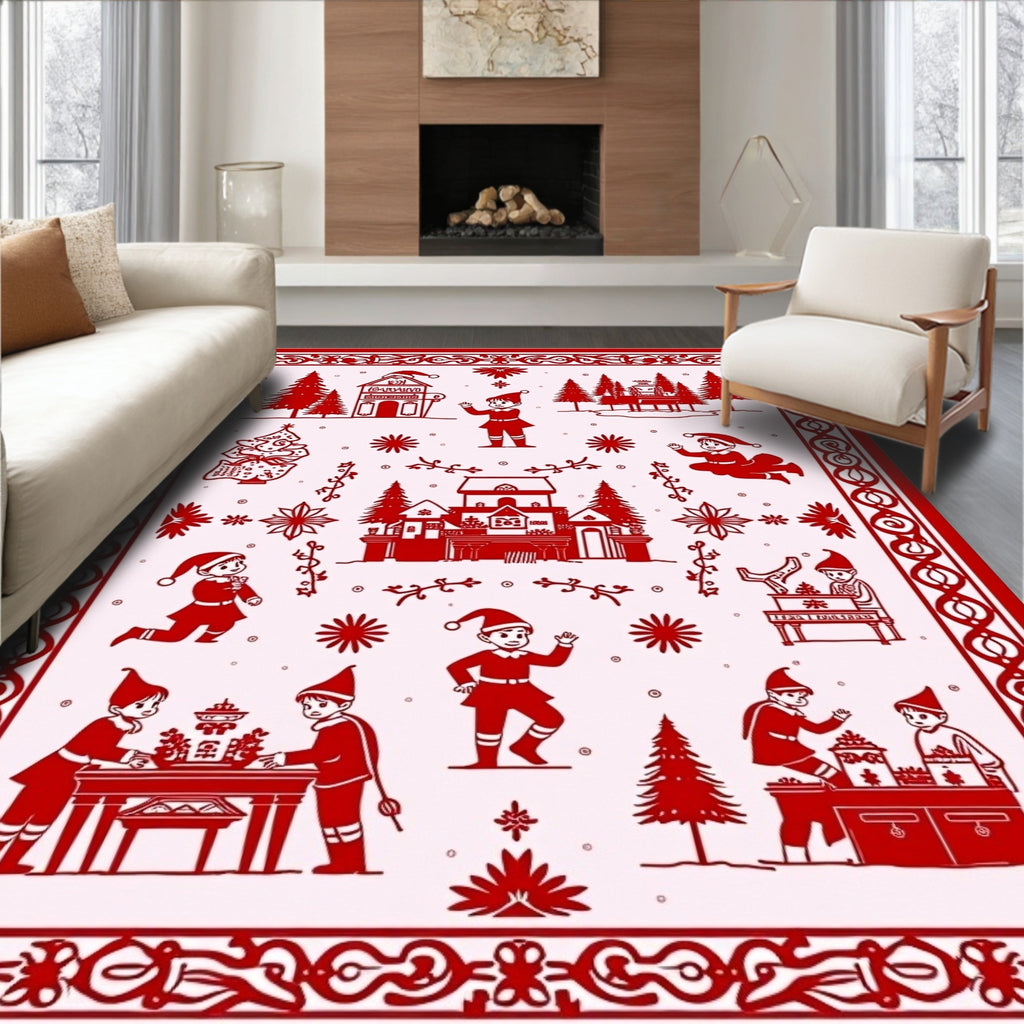 Crimson Christmas Elves Village Scenes Rug