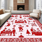 Crimson Christmas Elves Village Scenes Rug