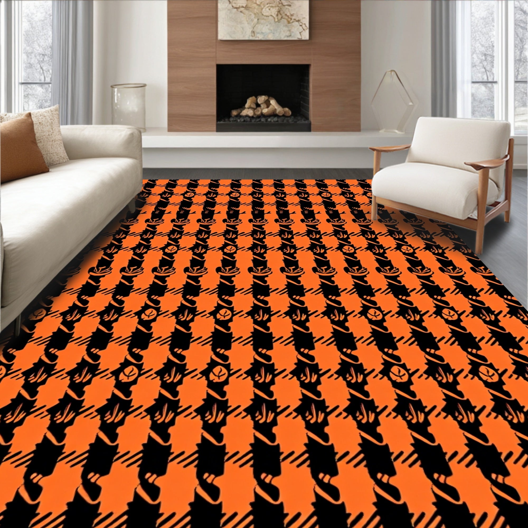 Bold Orange Black Plaid Swirl Rug