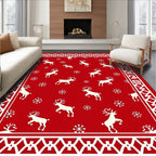 Red Reindeer Snowflake Holiday Border Rug