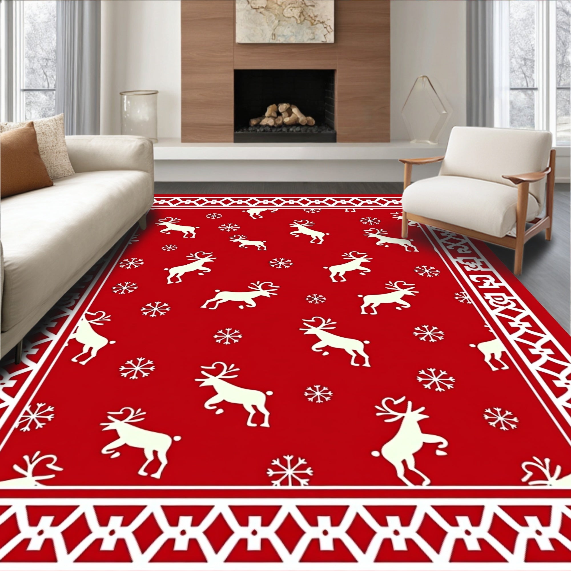 Red Reindeer Snowflake Holiday Border Rug