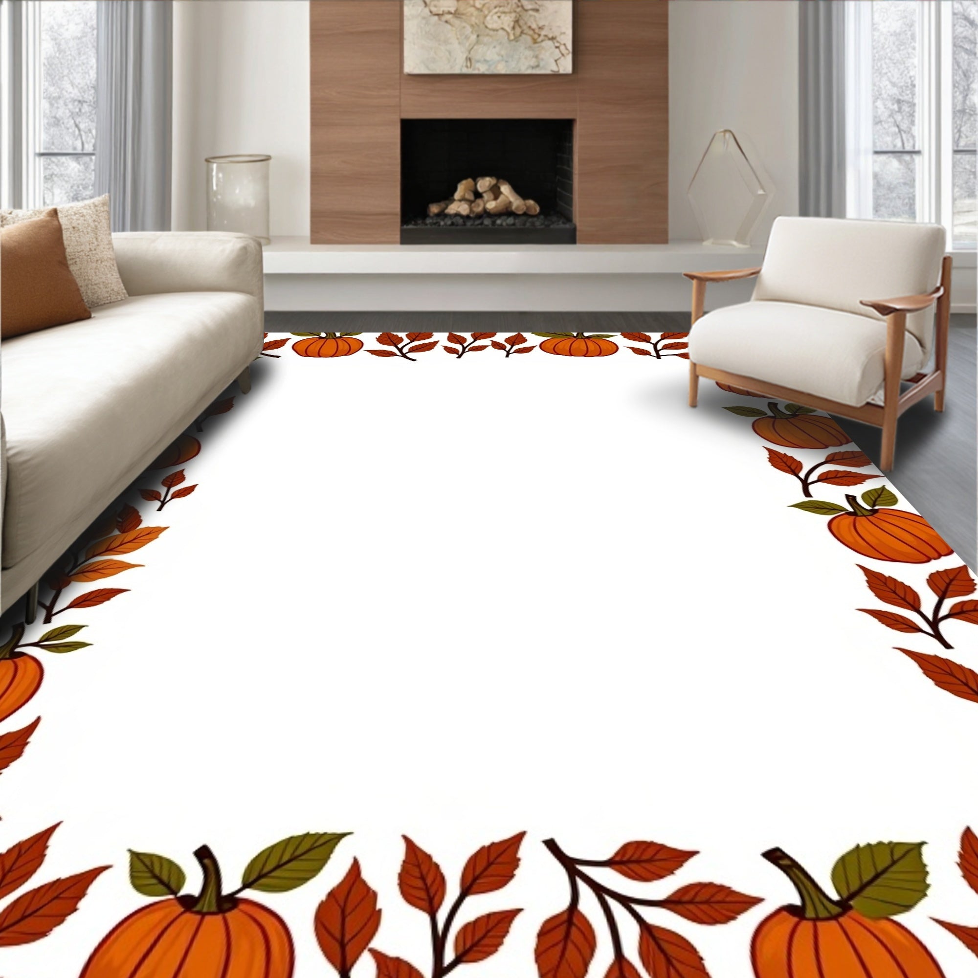 Orange Pumpkin Autumn Leaf Border Rug