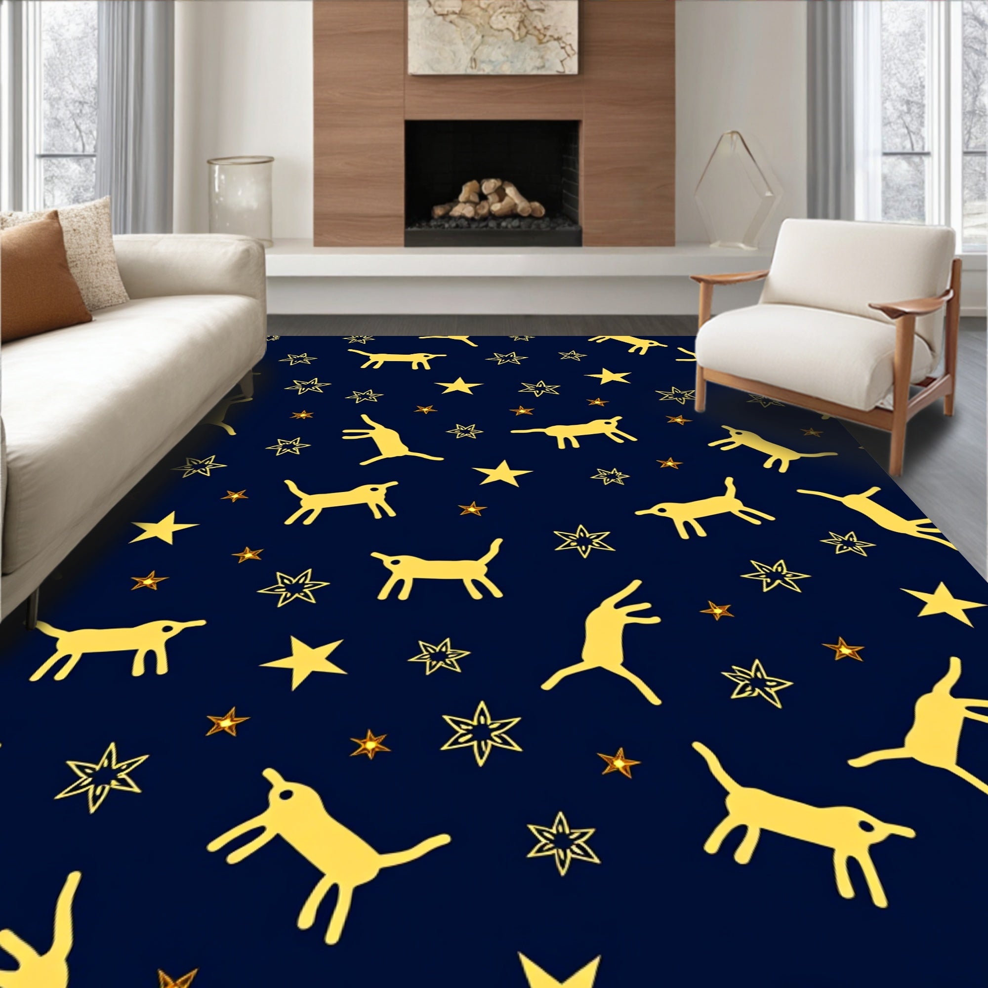 Yellow Dog Stars Night Sky Rug