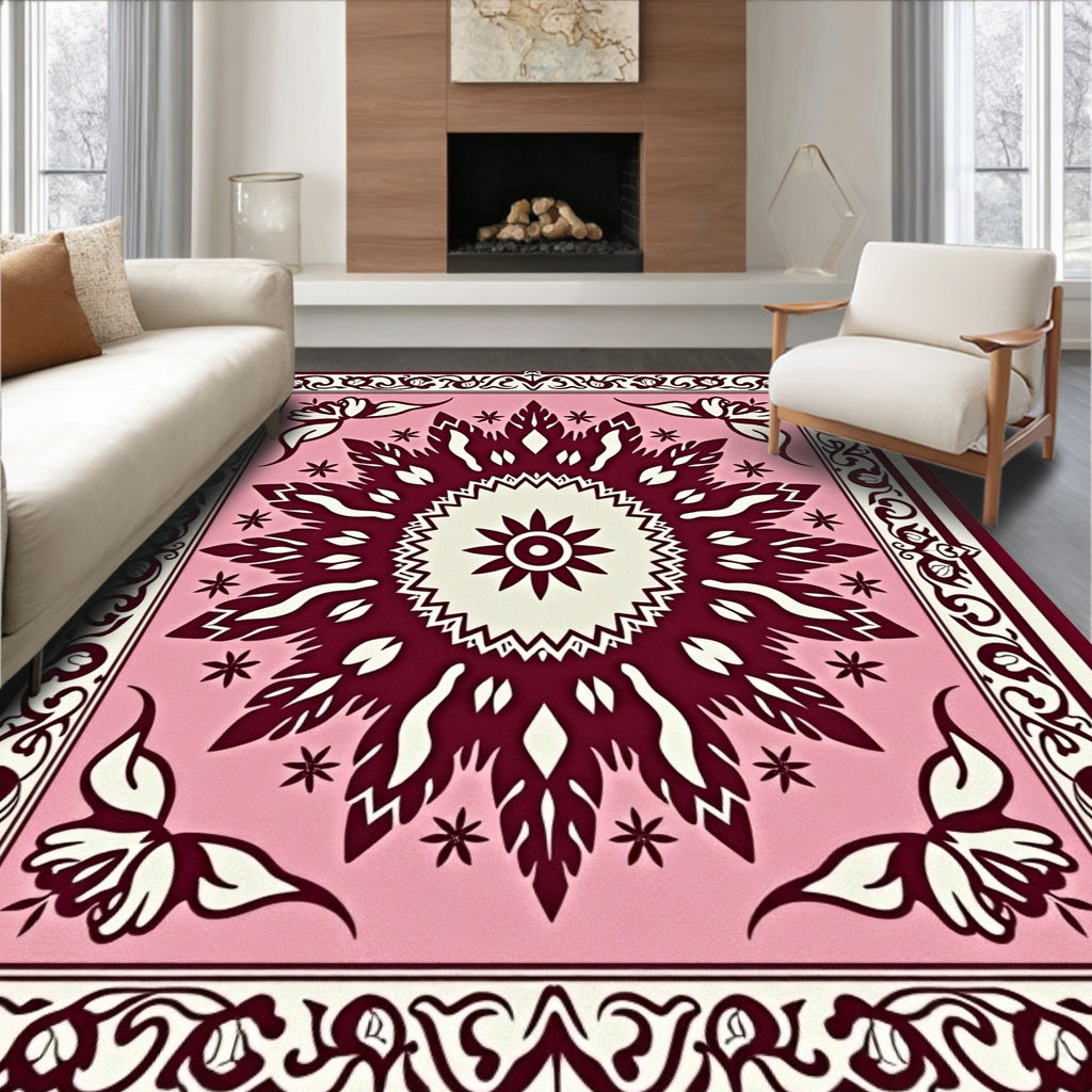Pink Crimson Floral Medallion Border Rug