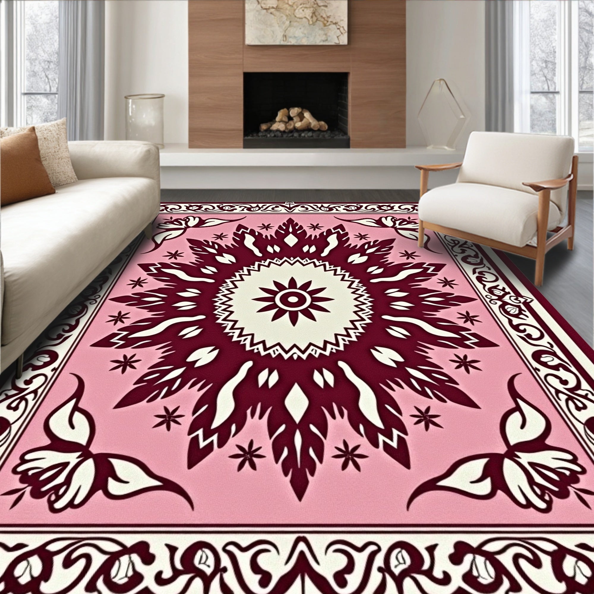 Pink Crimson Floral Medallion Border Rug