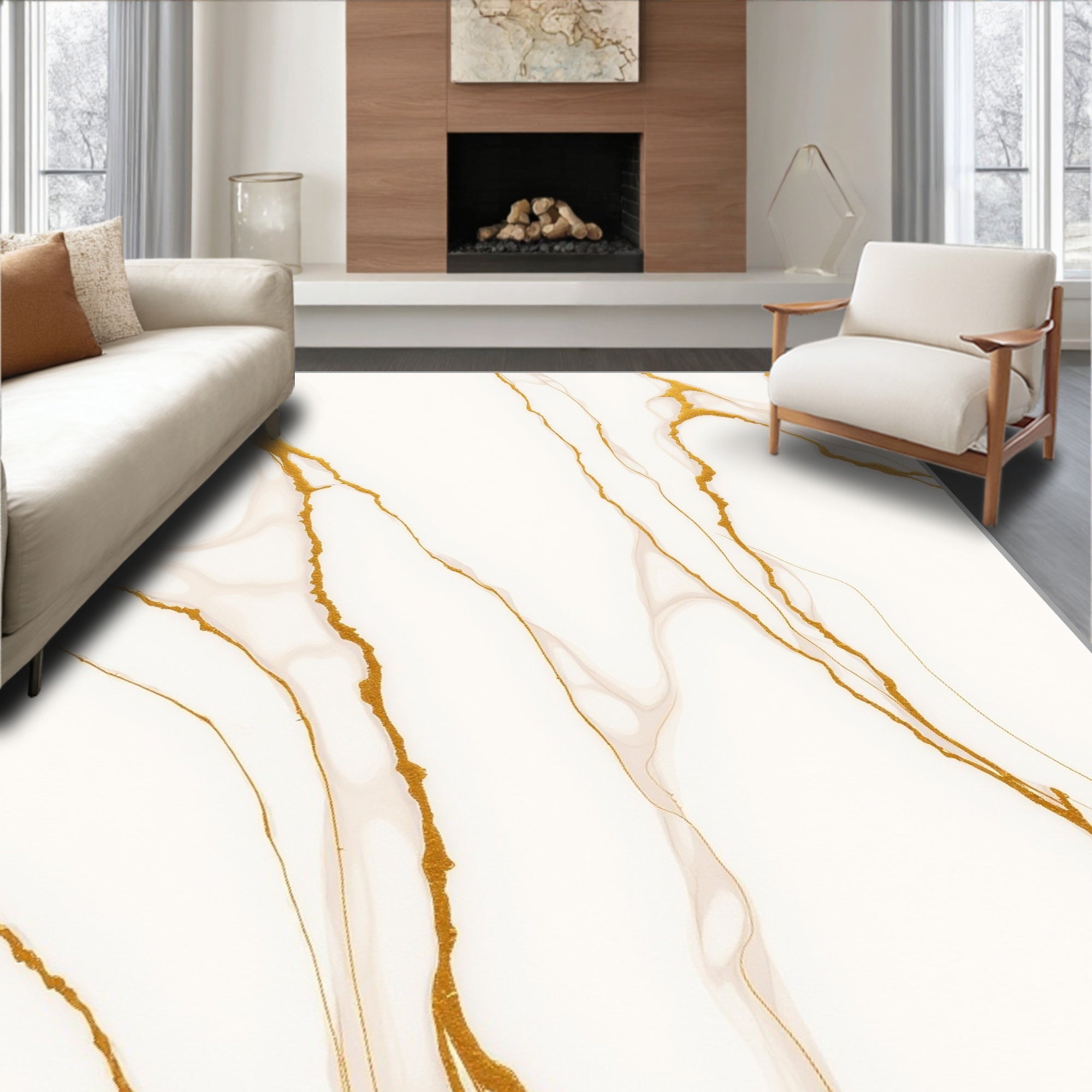 White Gold Veined Abstract Rug