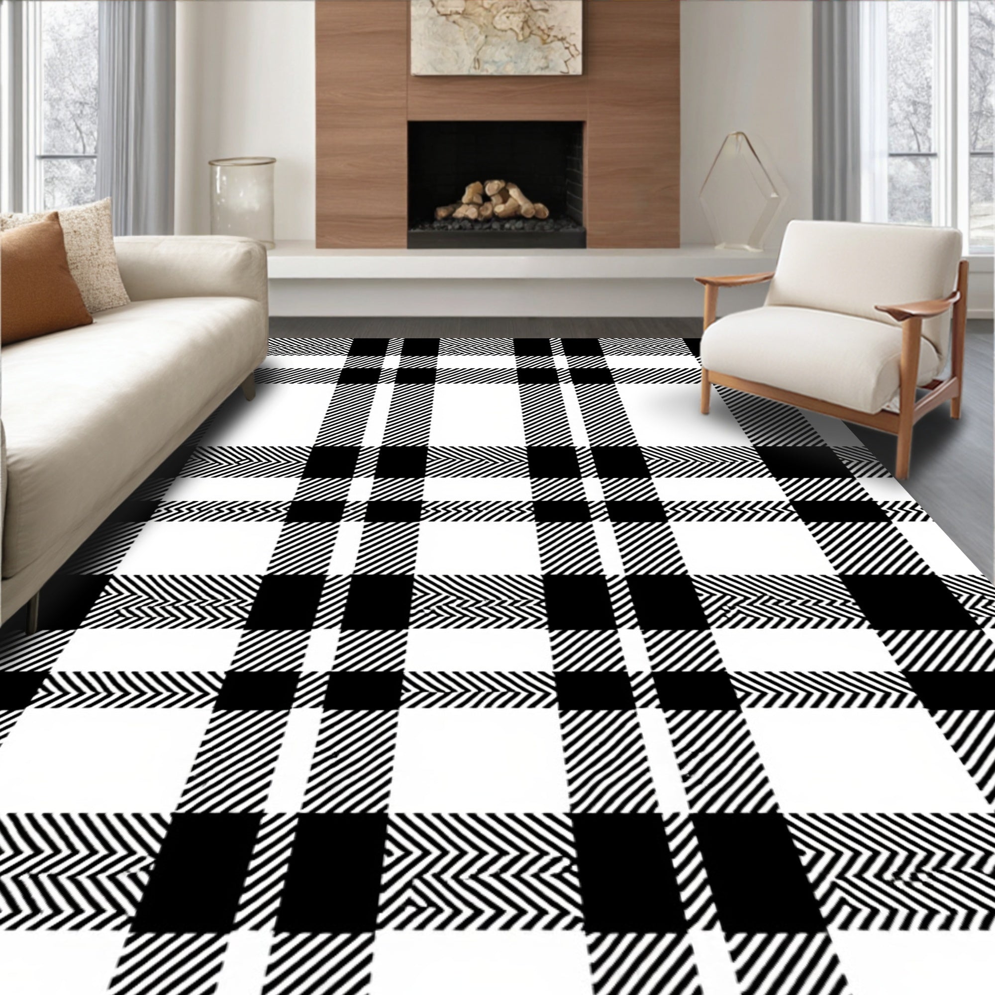 Classic Black White Plaid Madras Rug