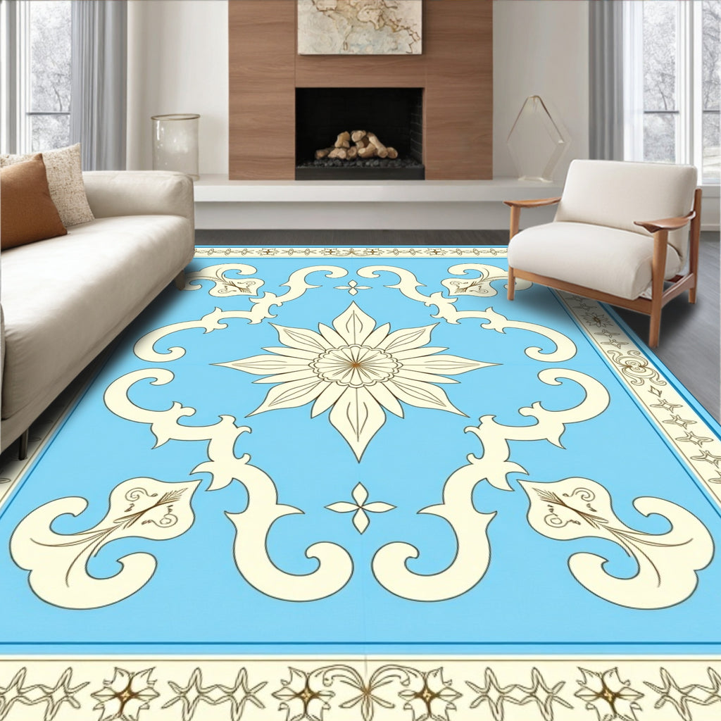 Pale Blue Floral Scroll Medallion Rug