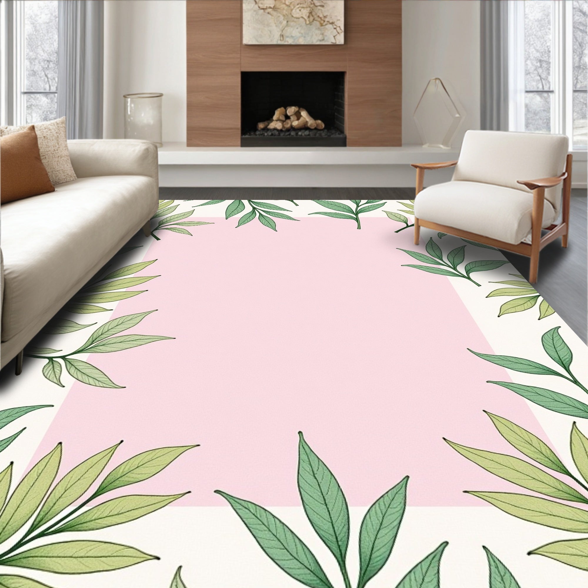 Pale Pink Square Leafy Border Rug