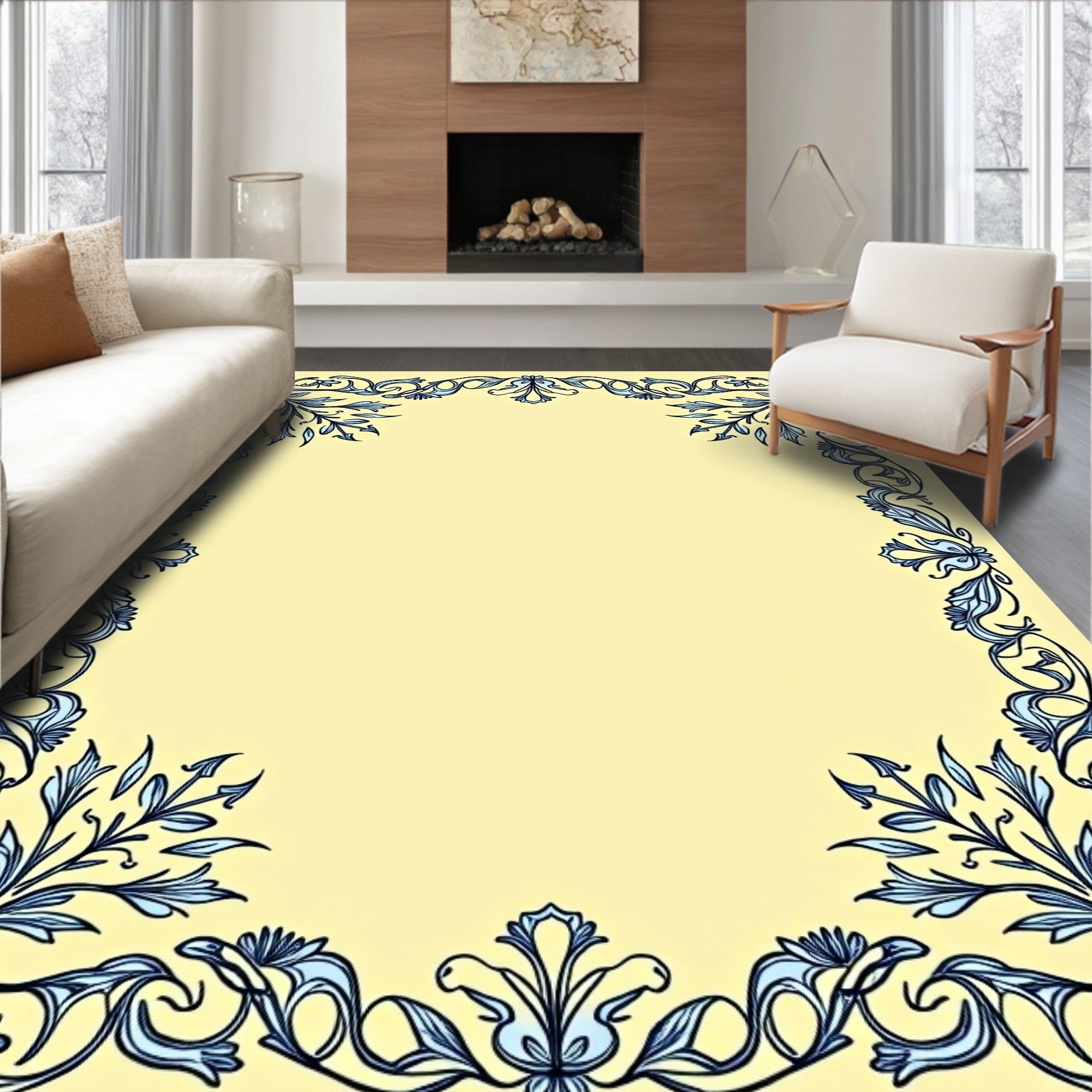 Art Nouveau Blue Floral Border Rug