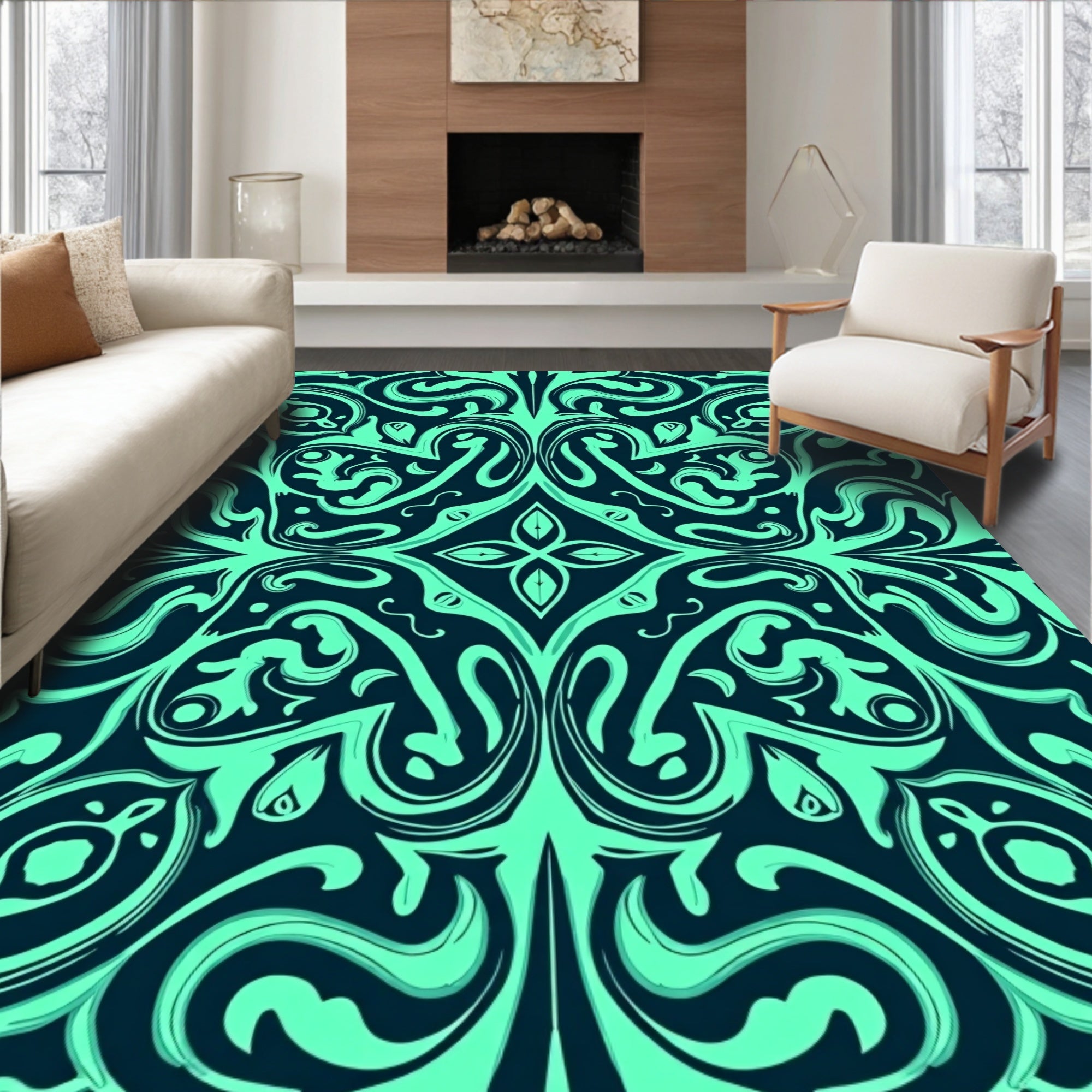 Aqua Black Organic Swirl Medallion Rug