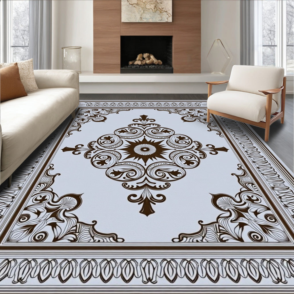 Brown Ornate Scroll Mandala Medallion Rug