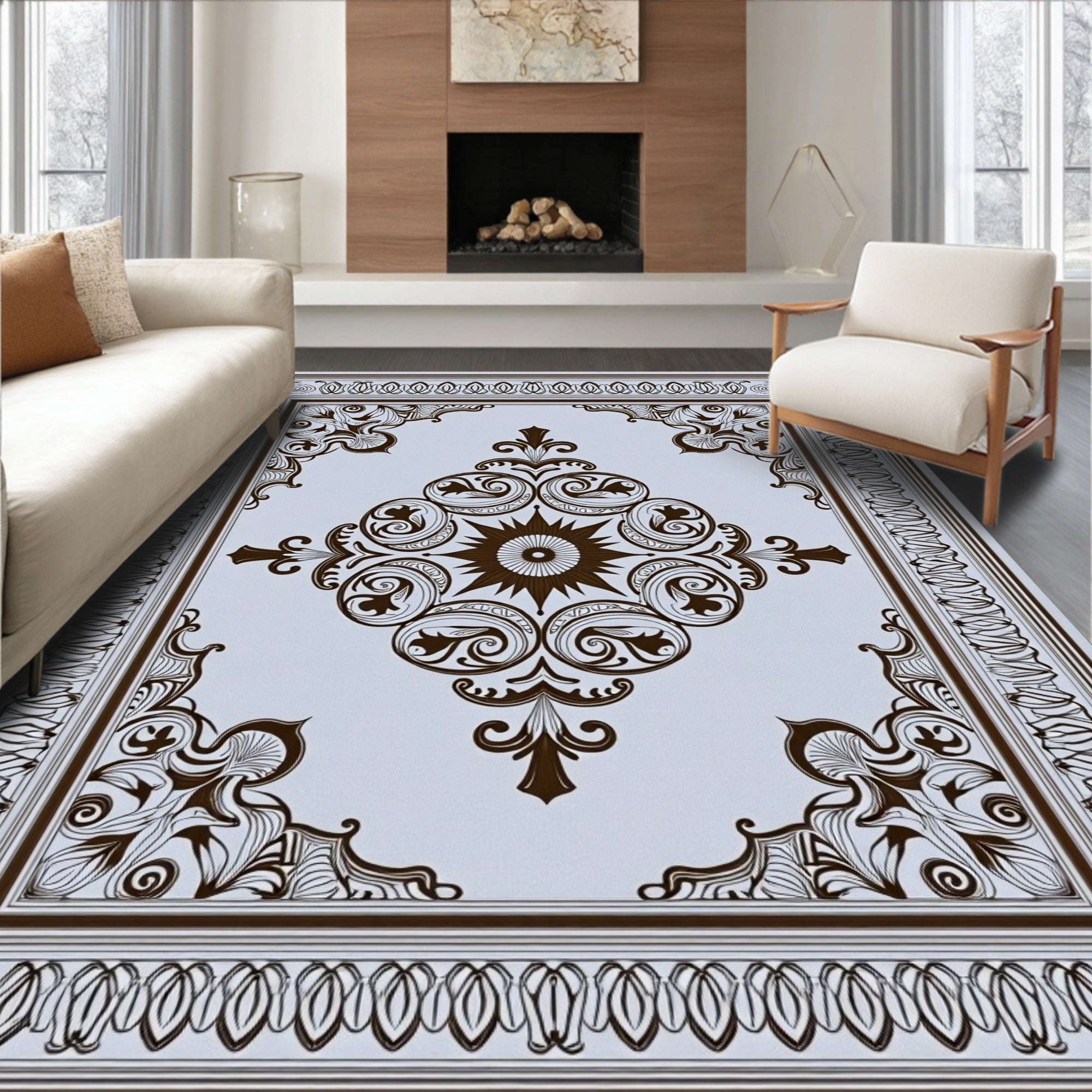 Brown Ornate Scroll Mandala Medallion Rug