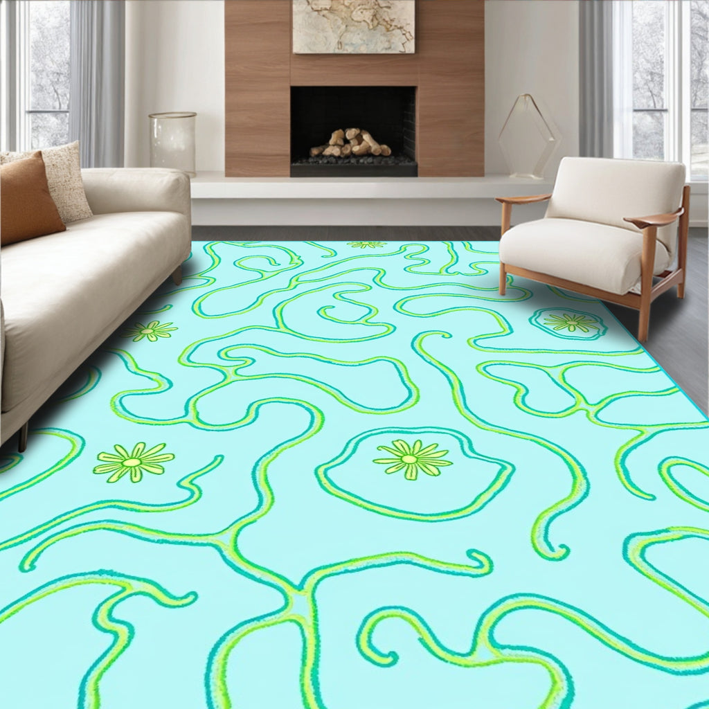 Aqua And Lime Swirl Floral Rug