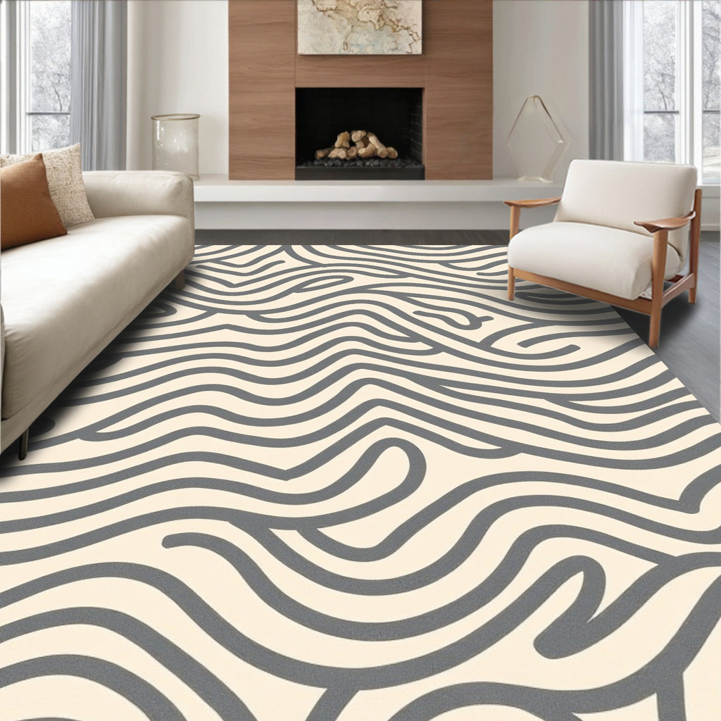 Creamy Gray Abstract Wavy Lines Rug