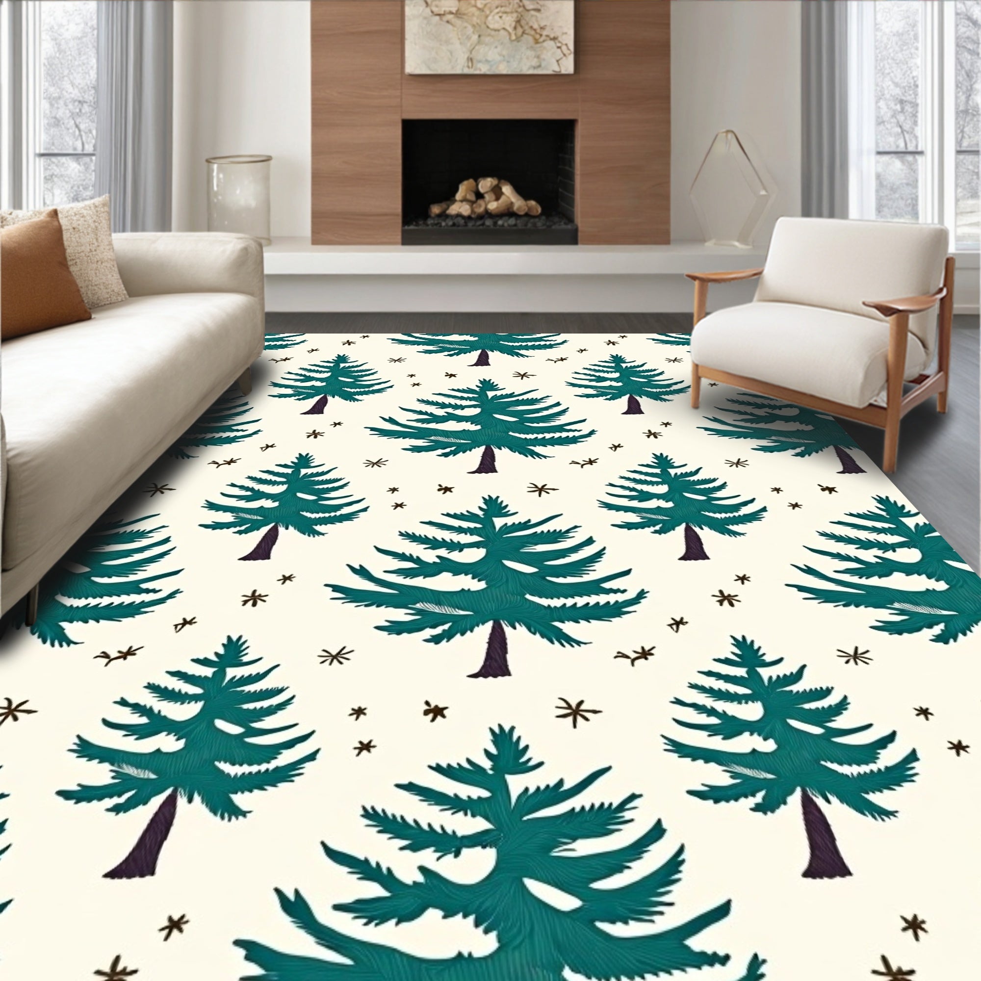 Teal Evergreen Forest Winter Stars Rug