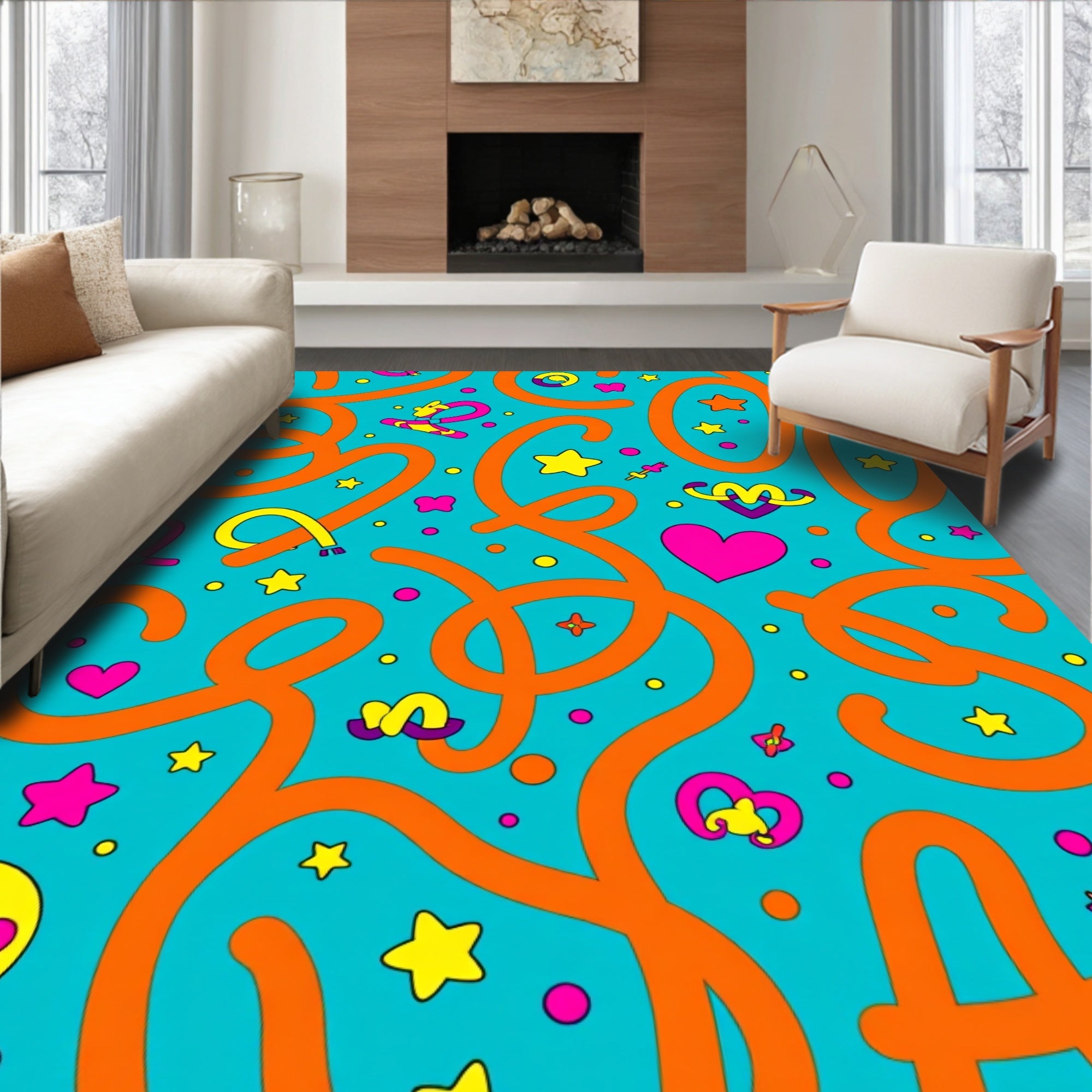 Whimsical Orange Swirls Aqua Brights Rug