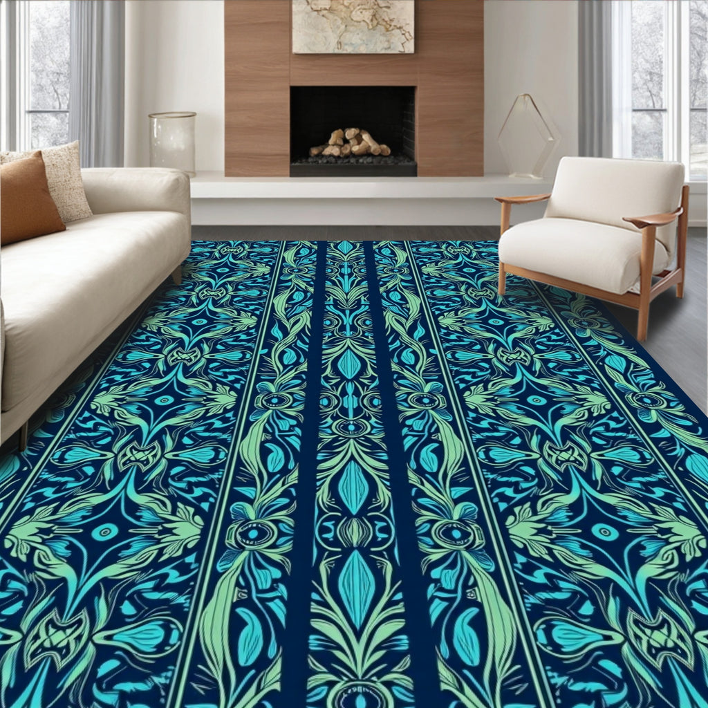 Art Nouveau Teal Floral Vertical Stripe Rug